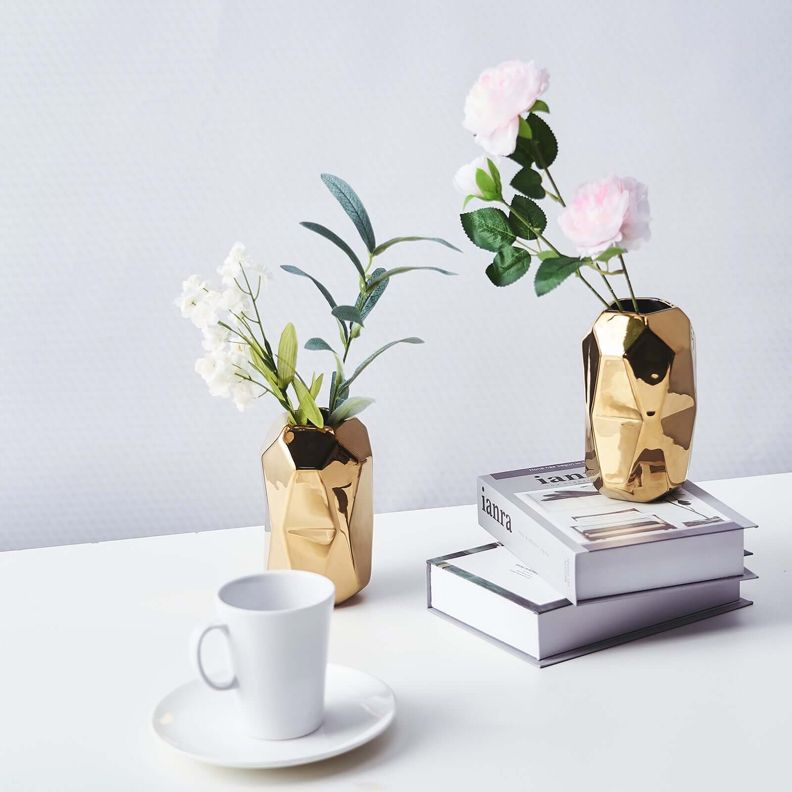 2-Pack Gold Metallic Ceramic Geometric Cylinder Vases - Ideal for Stylish Floral Arrangements