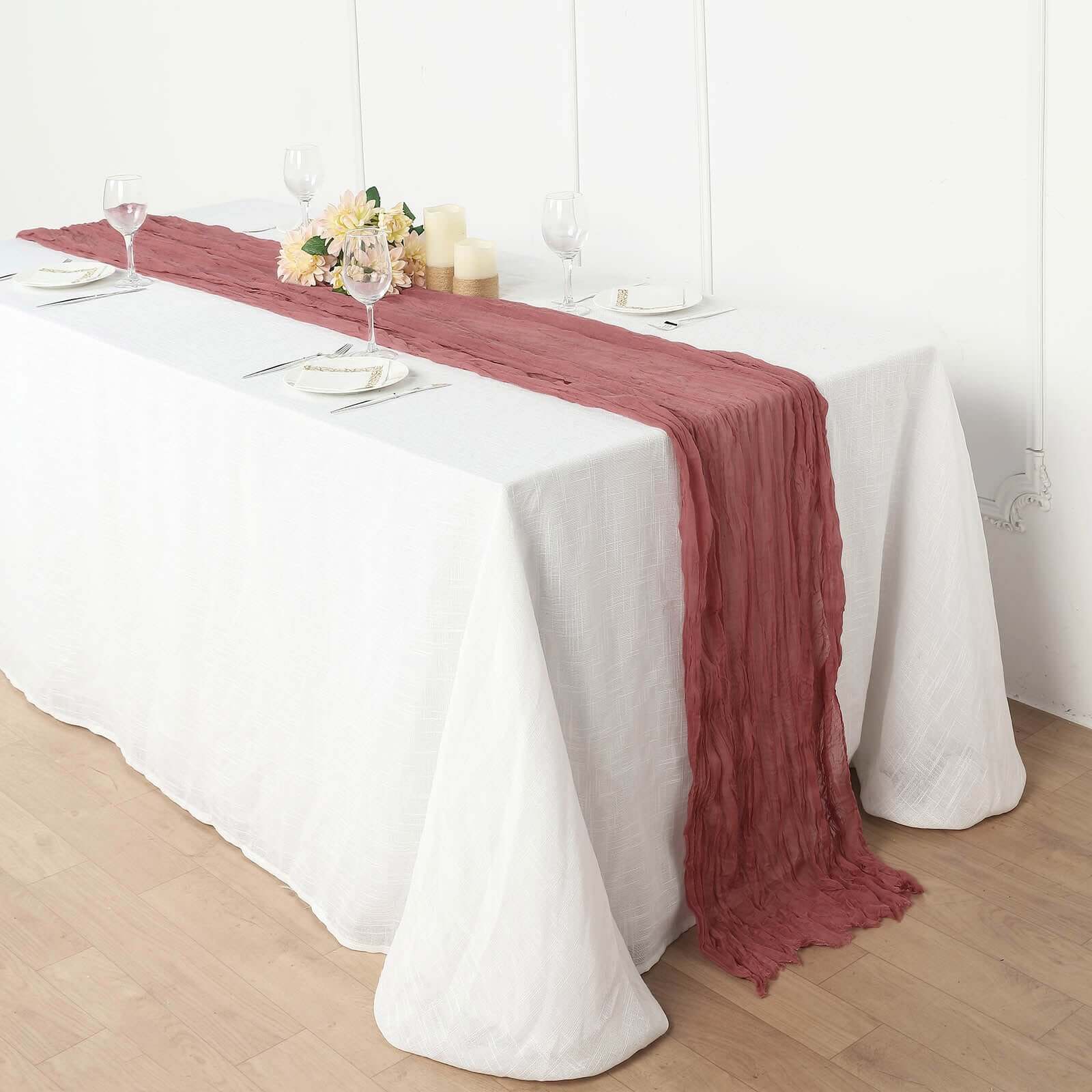 10ft Rustic Boho Style Gauze Cheesecloth Table Runner in Mauve & Cinnamon Rose