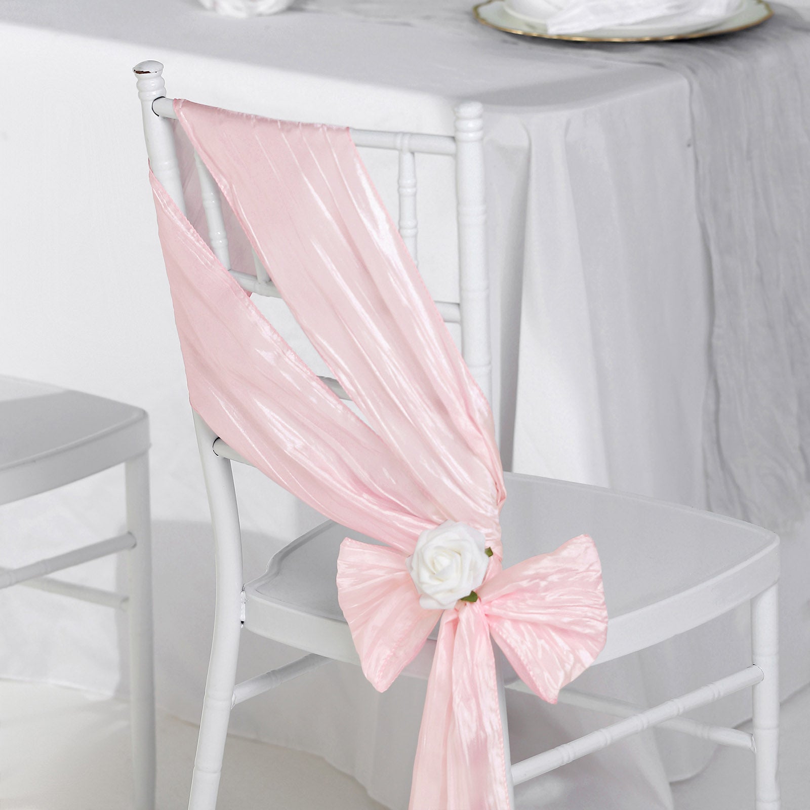 5-Piece Blush Accordion Crinkle Taffeta Chair Sashes, 6x106 - Ideal for Weddings & Gatherings