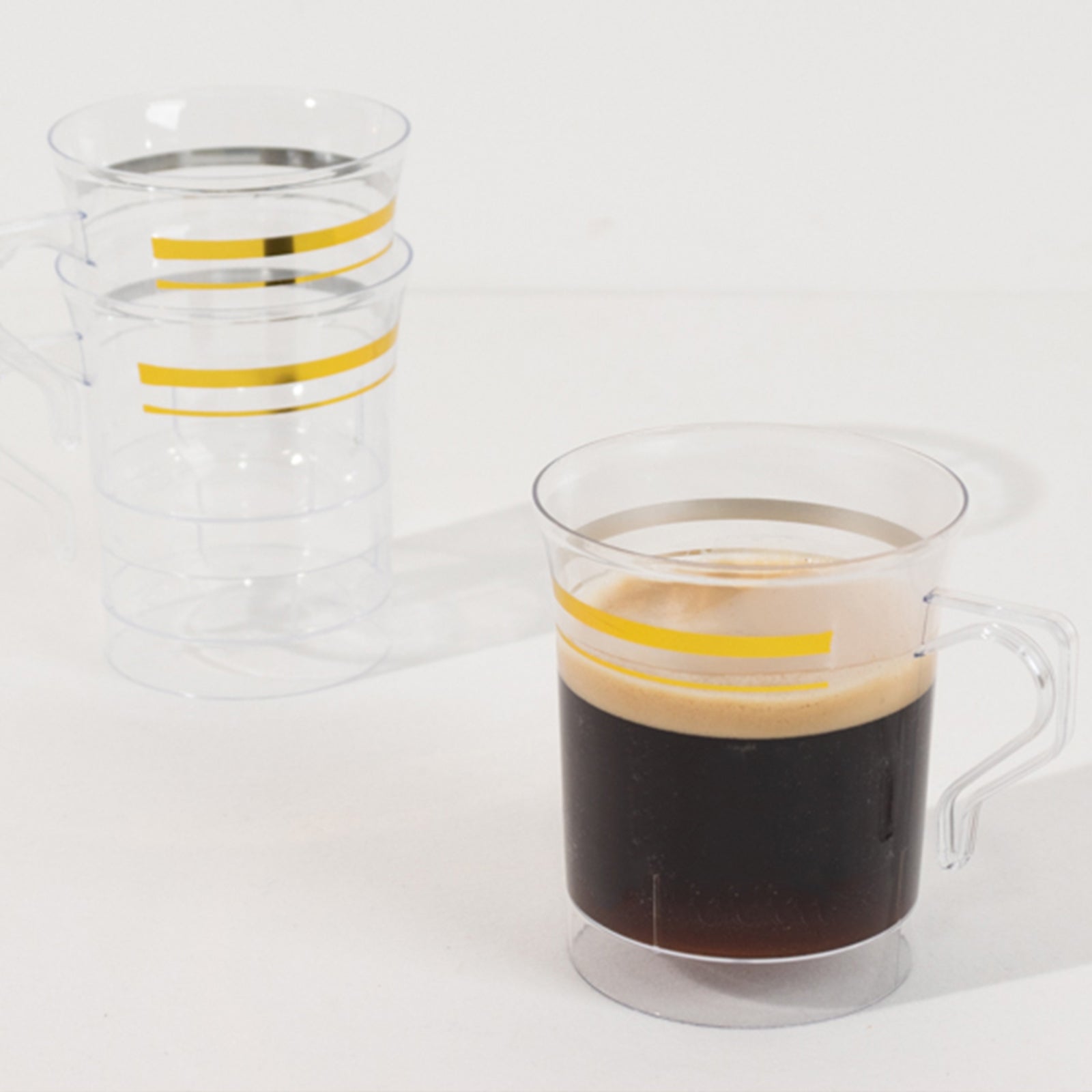 8-Pack Disposable 8oz Clear Plastic Coffee Mugs with Gold Stripes - Ideal for Events