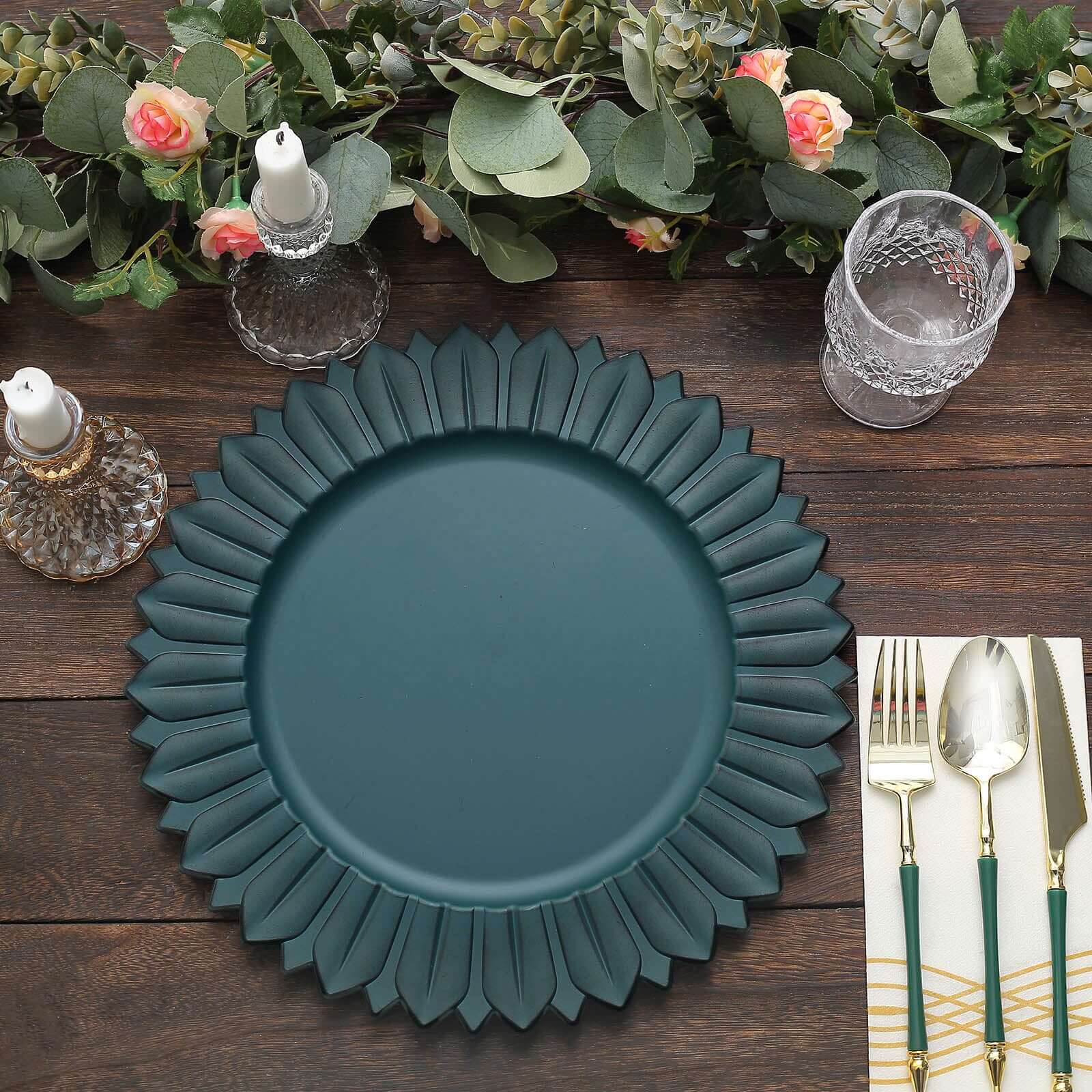 6-Piece Set of 13-Inch Matte Teal Plastic Round Charger Plates with Sunflower Rim