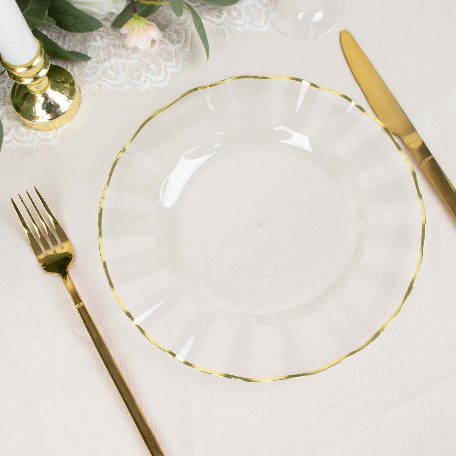 10-Piece Set of Sturdy Disposable Plastic Round Dinner Plates with Clear Ruffled Rim and Gold Edging