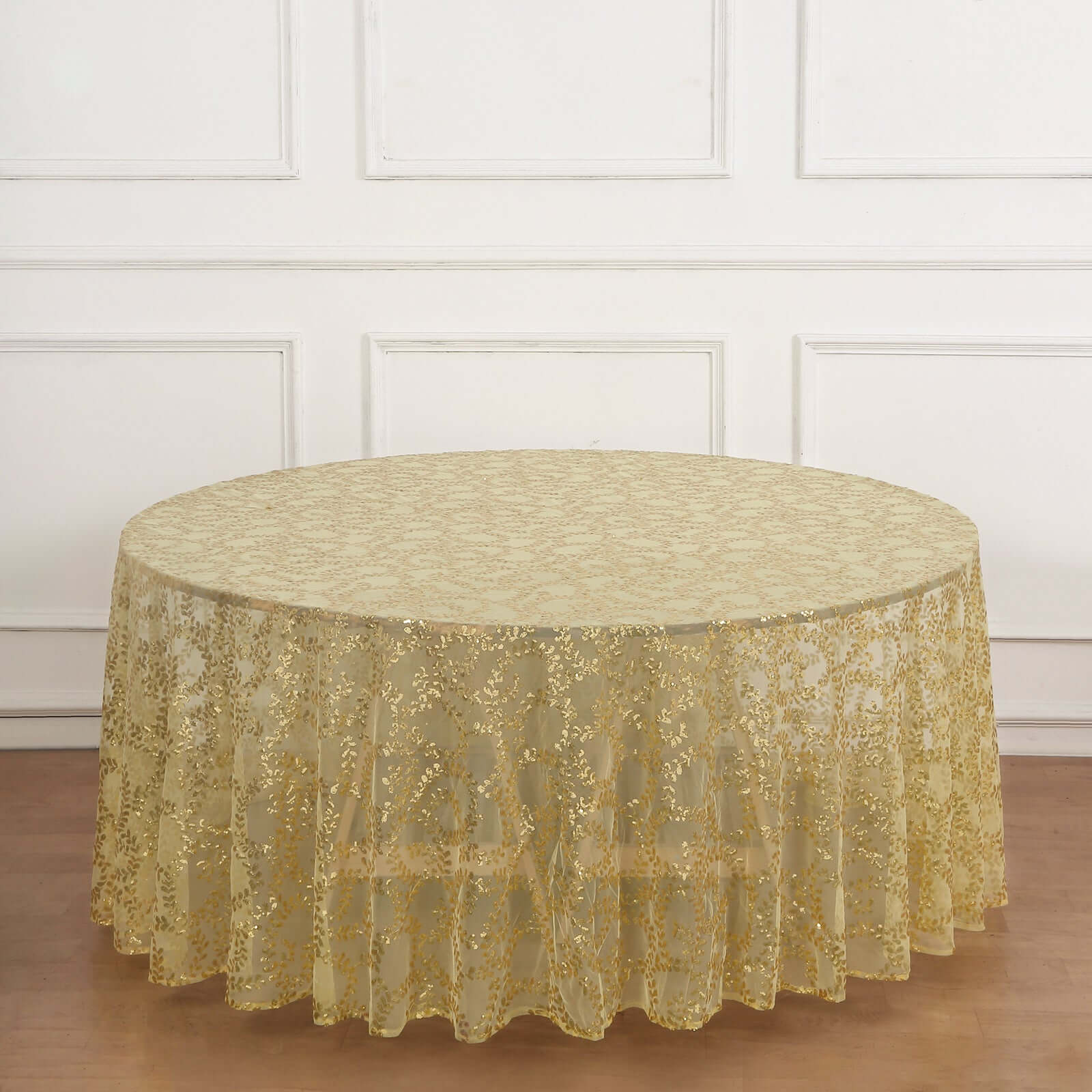 Gold Seamless Sequin Leaf Embroidered 120 Round Tulle Tablecloth for Elegant Events