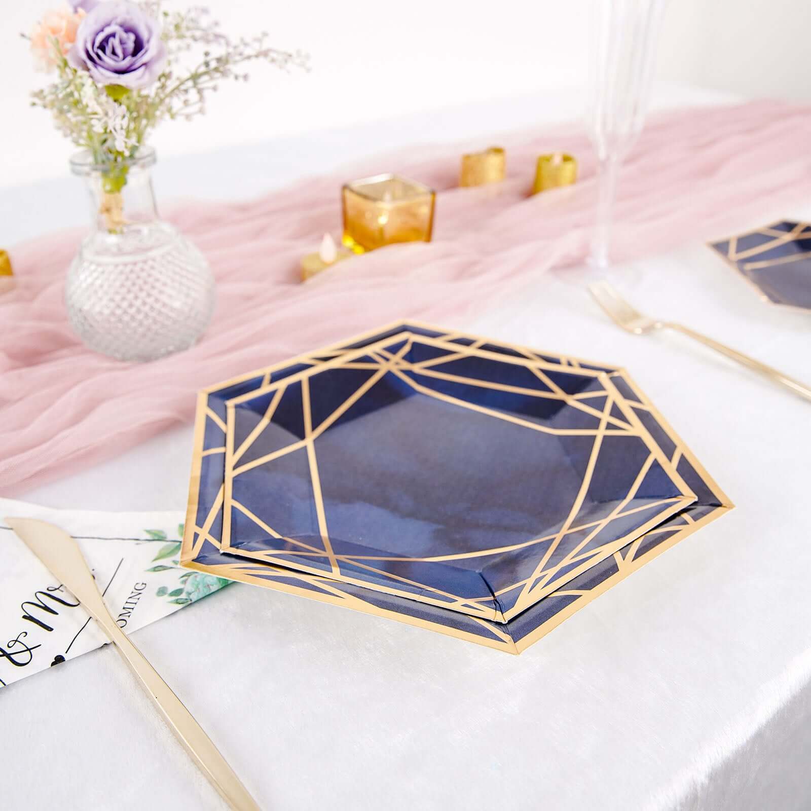 25-Pack Navy Blue & Gold Geometric Hexagon Disposable Paper Appetizer & Salad Dessert Plates