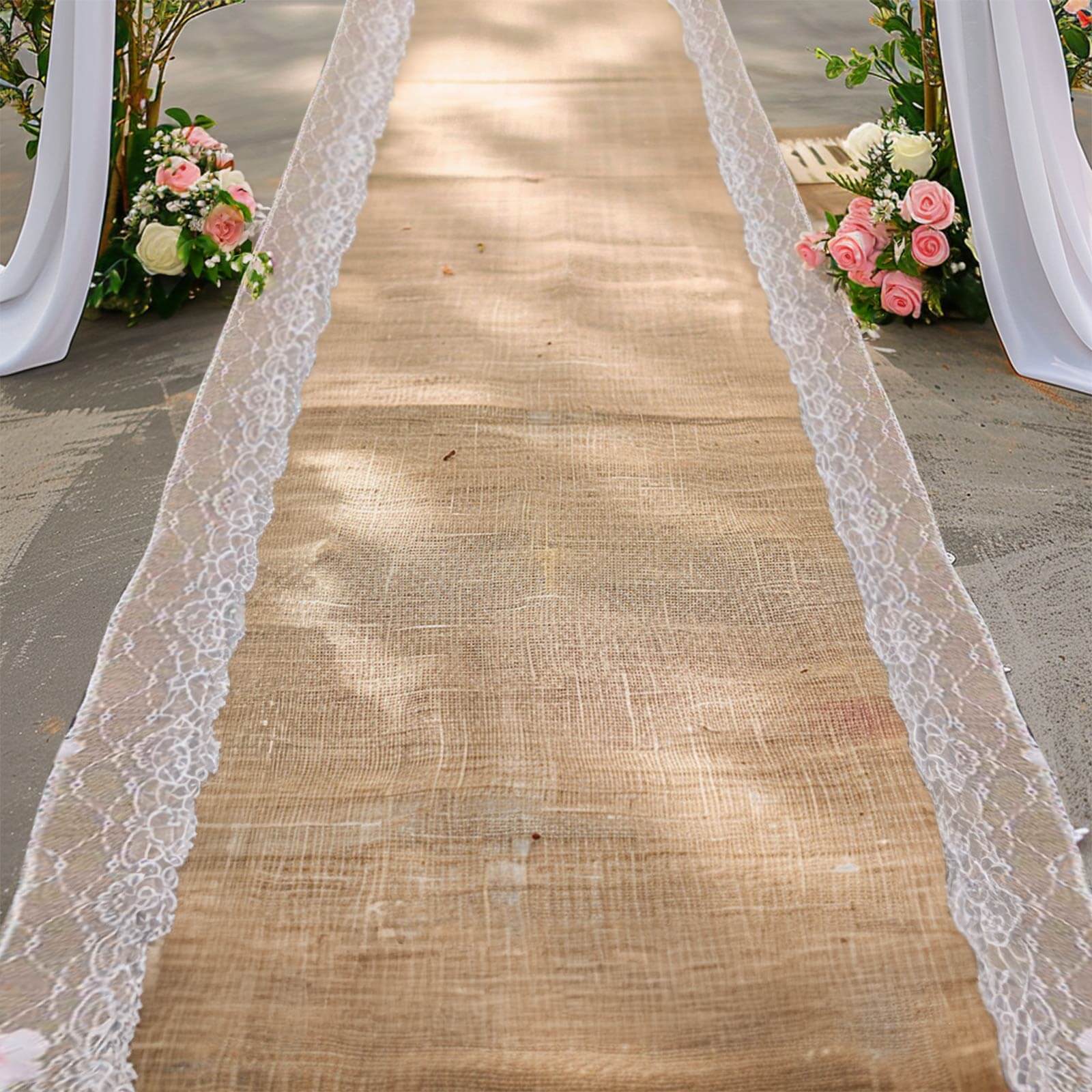 Get This Stunning 30ft Natural Jute Burlap Aisle Runner with Elegant White Floral Lace Borders