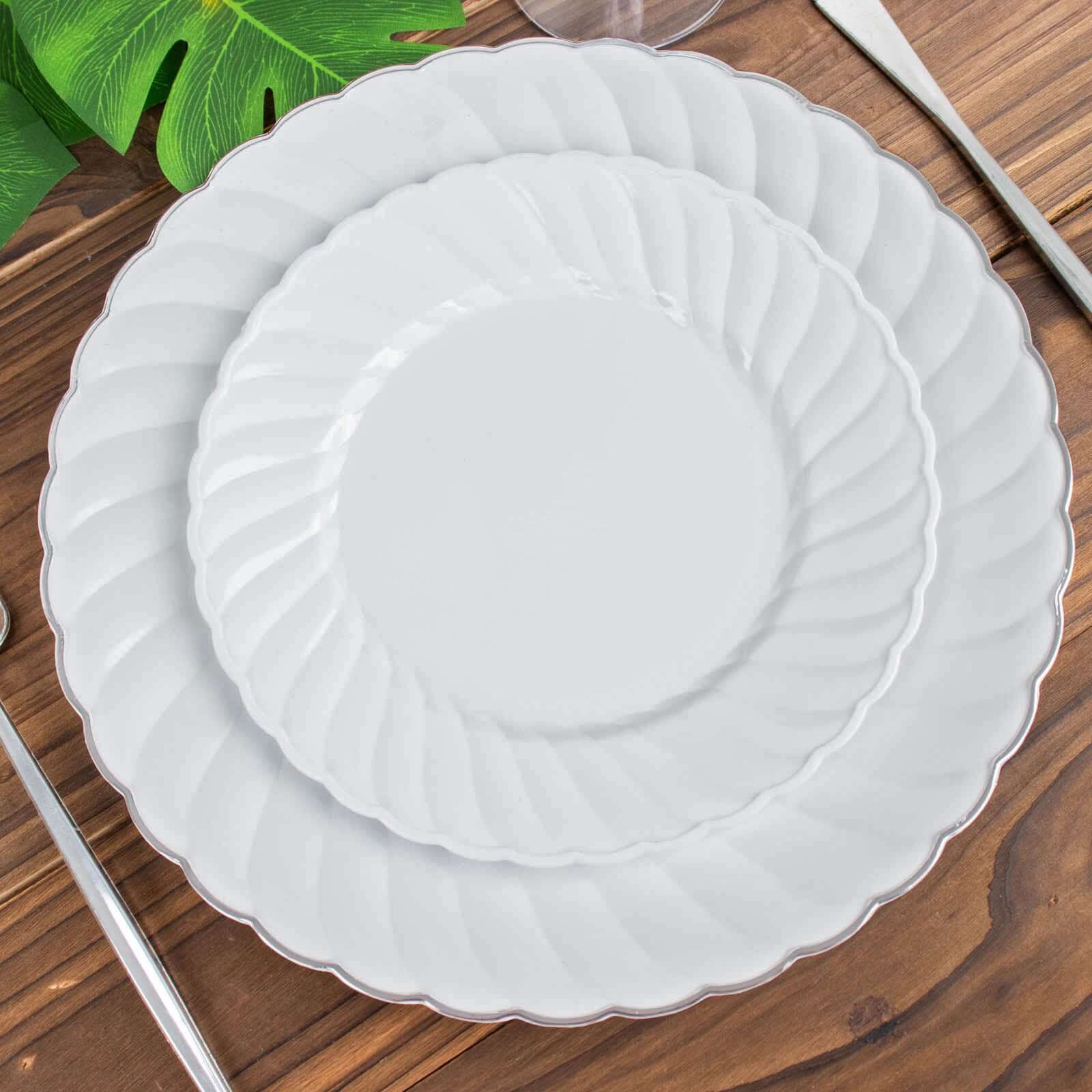 12-Piece Set of Sturdy White Plastic Dessert Plates with Flair Rim, 7.5 Inches