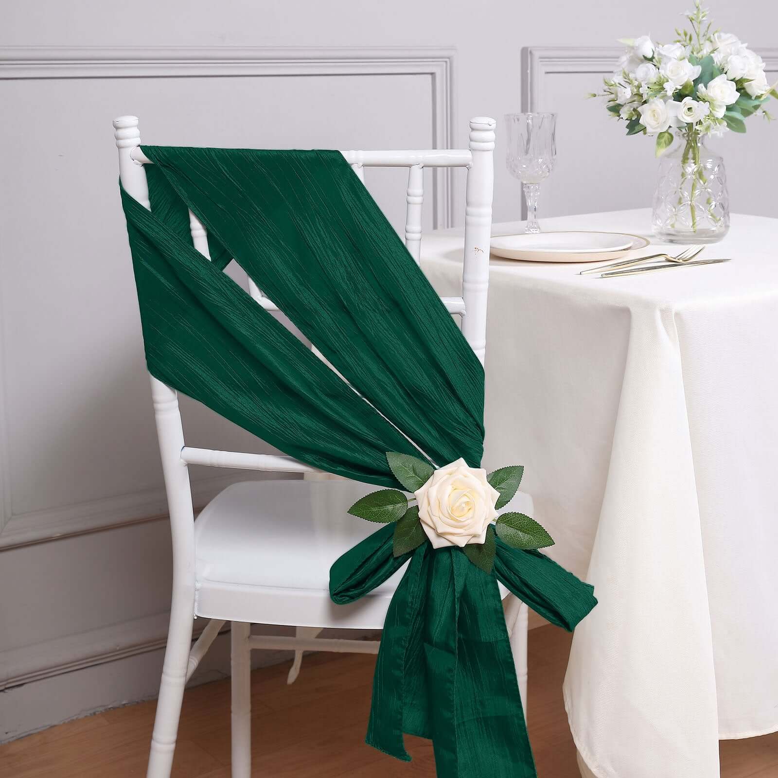 5-Pack Hunter Emerald Green Accordion Crinkle Taffeta Chair Sashes - Ideal for Weddings & Gatherings