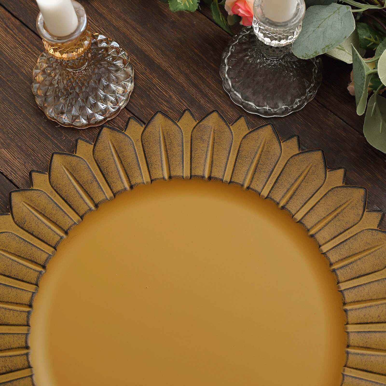 6-Piece Set of 13-Inch Matte Mustard Yellow Plastic Round Charger Plates with Sunflower Rim