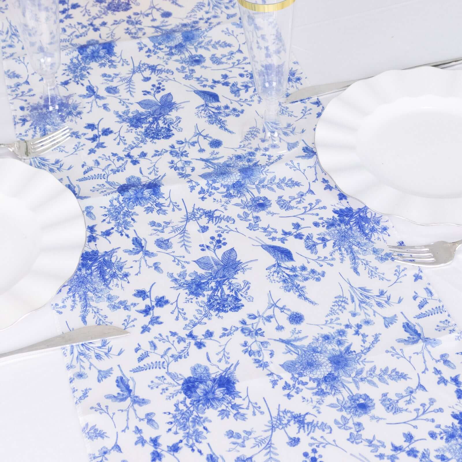 Get This Stunning White & Blue French Toile Floral Satin Table Runner for Upscale Events