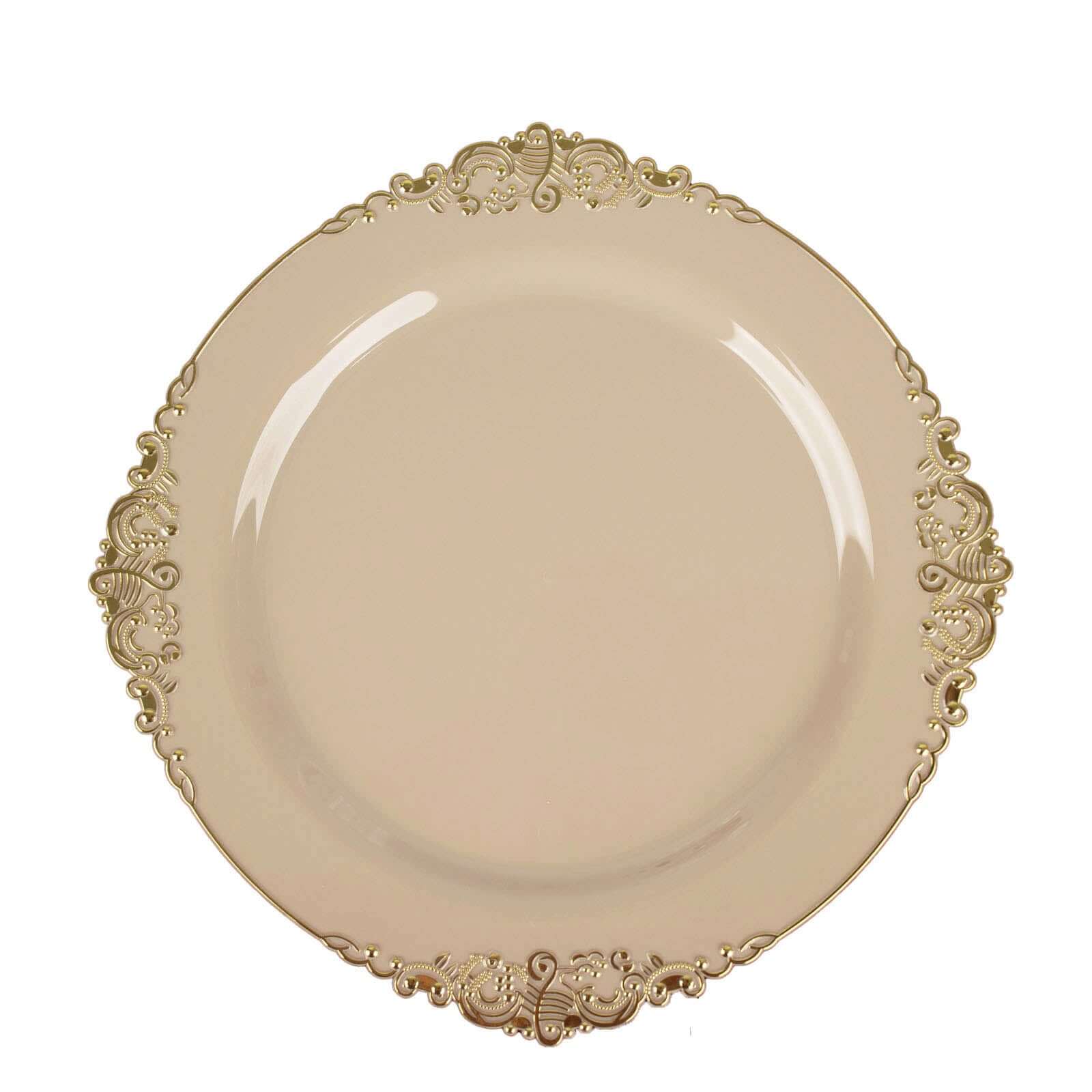 10-Pack Disposable Taupe Plastic Round Dessert Plates with Gold Leaf Embossed Rim - Vintage Baroque Style