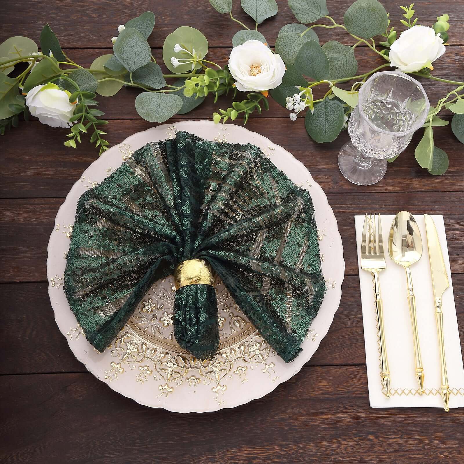 Get Reusable Diamond Pattern Sequin Dinner Napkins in Hunter Emerald Green, 20x20 Size