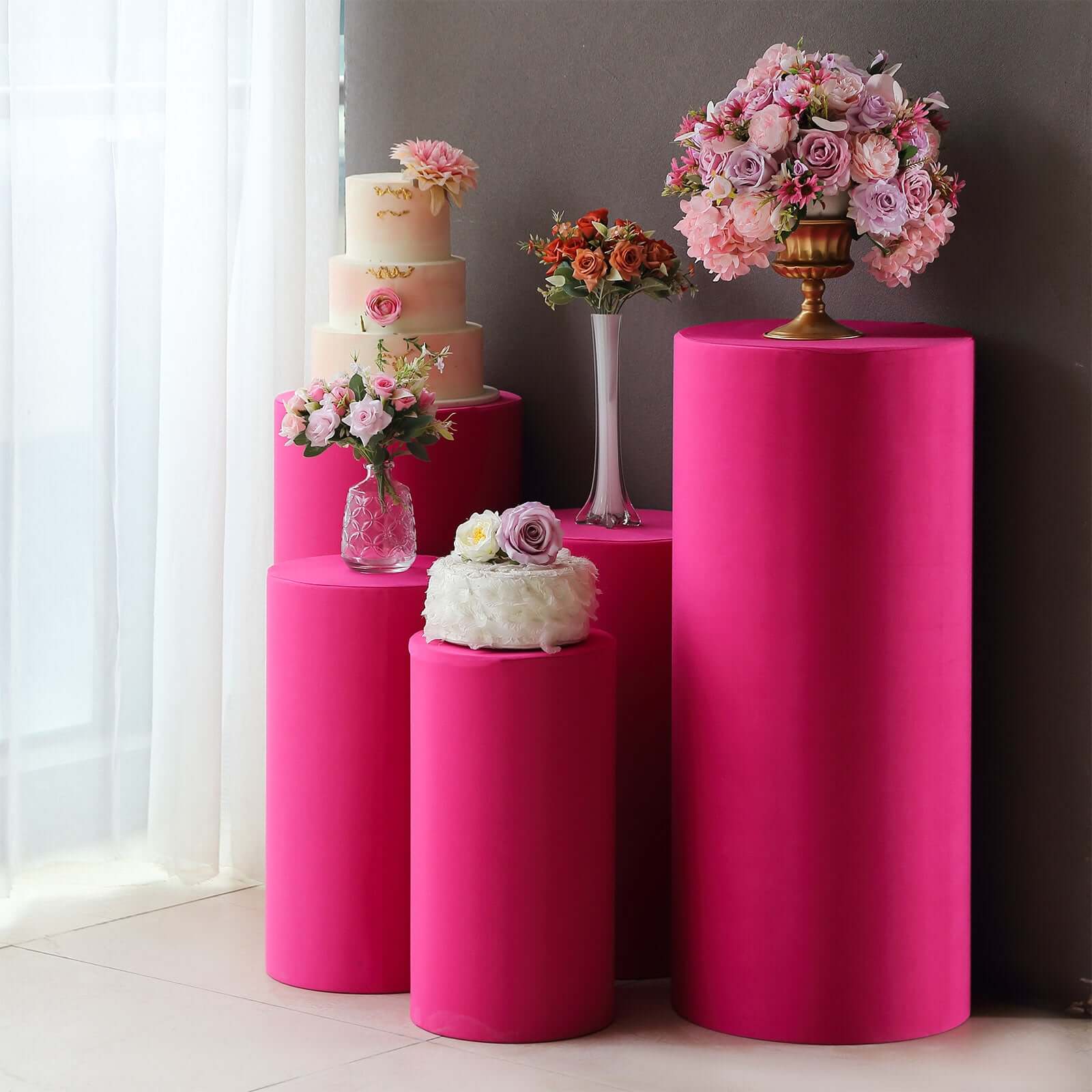 Hot Deal! Set of 5 Fuchsia Stretchable 160 GSM Spandex Cylinder Pedestal Stand Covers