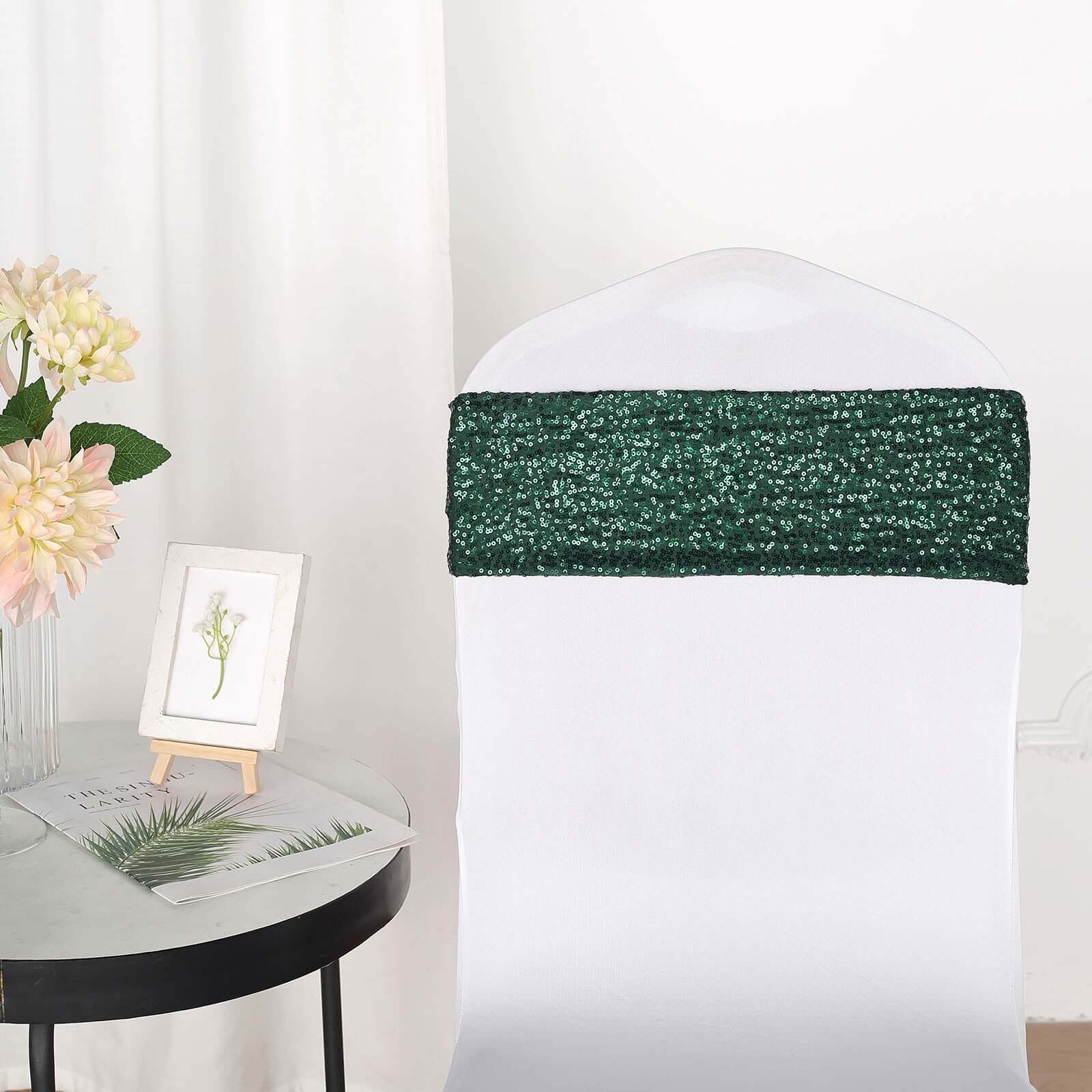 Special Offer: 5-Piece Set of Hunter Emerald Green Sequin Spandex Stretch Chair Bands (6x15 Inches)