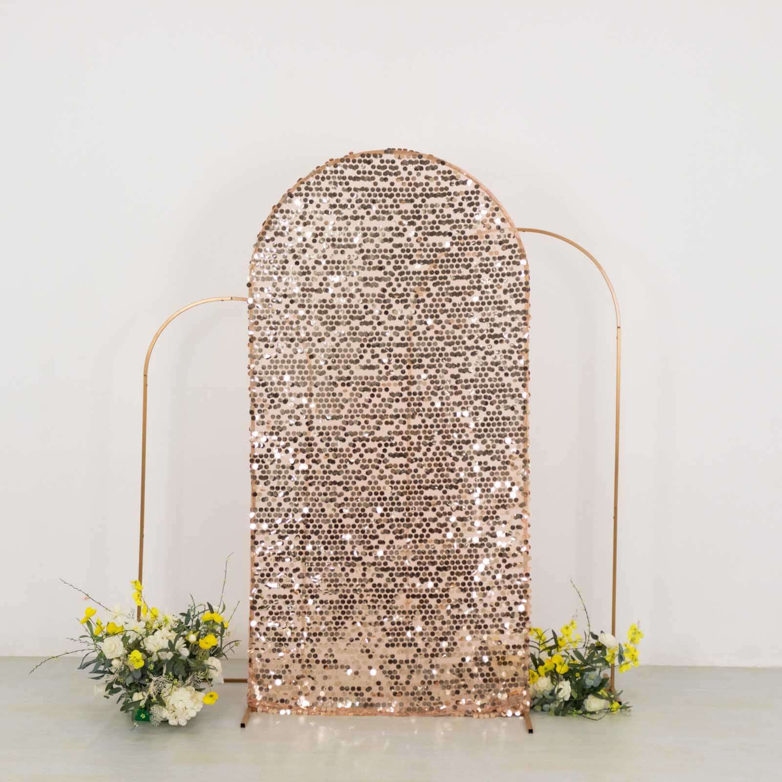 Sparkly 7ft Rose Gold Payette Sequin Fitted Cover for Round Top Wedding Arch - Ideal Decor!