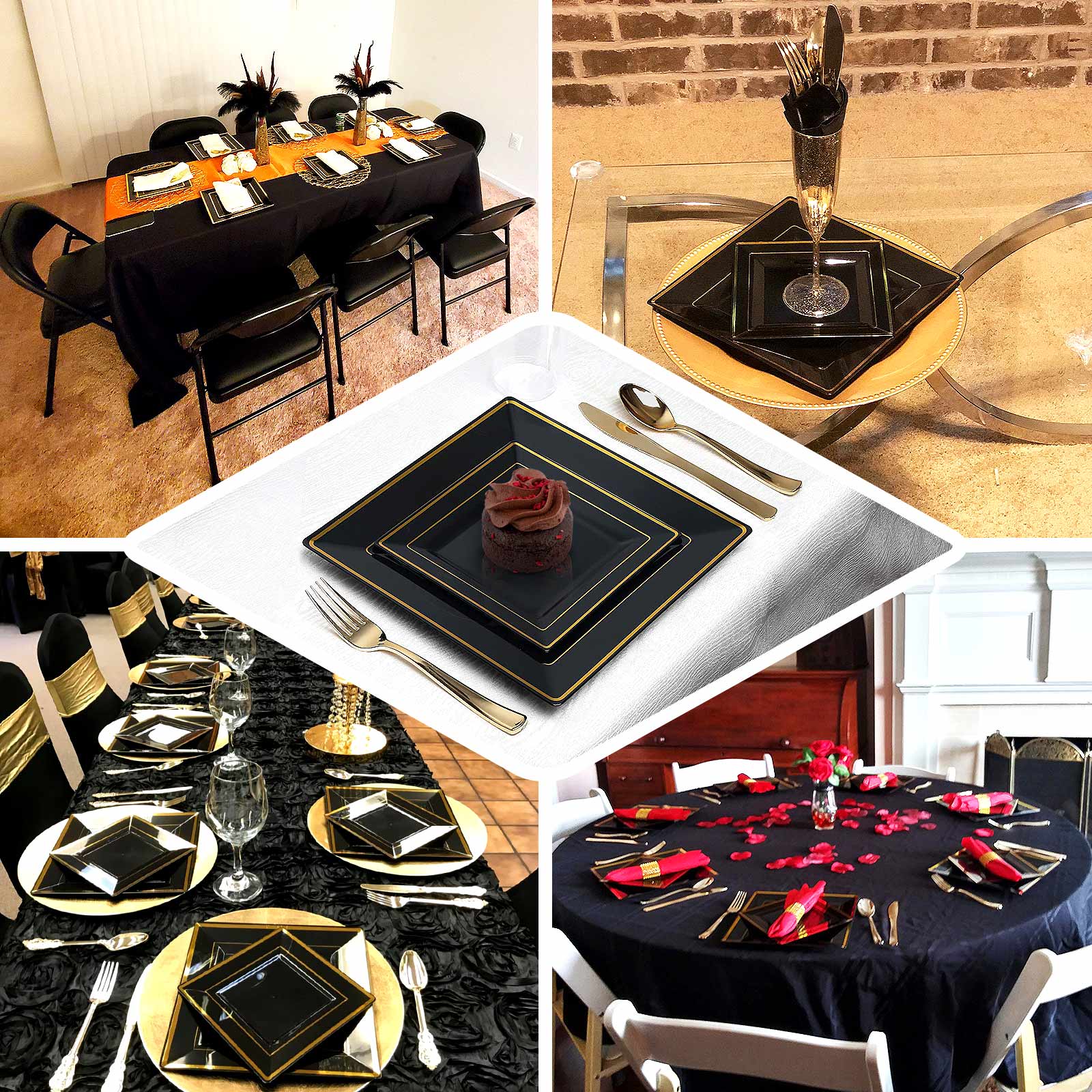 10-Piece Set of Lightweight Disposable Black Square Dinner Plates with Gold Trim