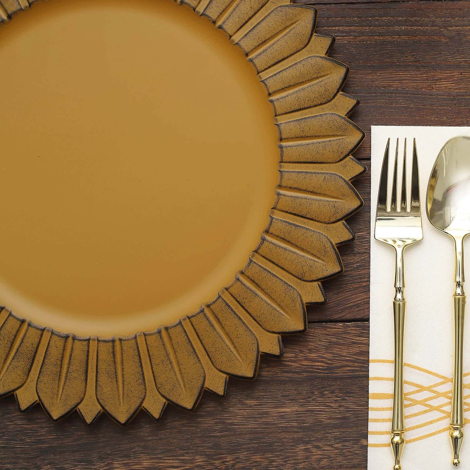 6-Piece Set of 13-Inch Matte Mustard Yellow Plastic Round Charger Plates with Sunflower Rim