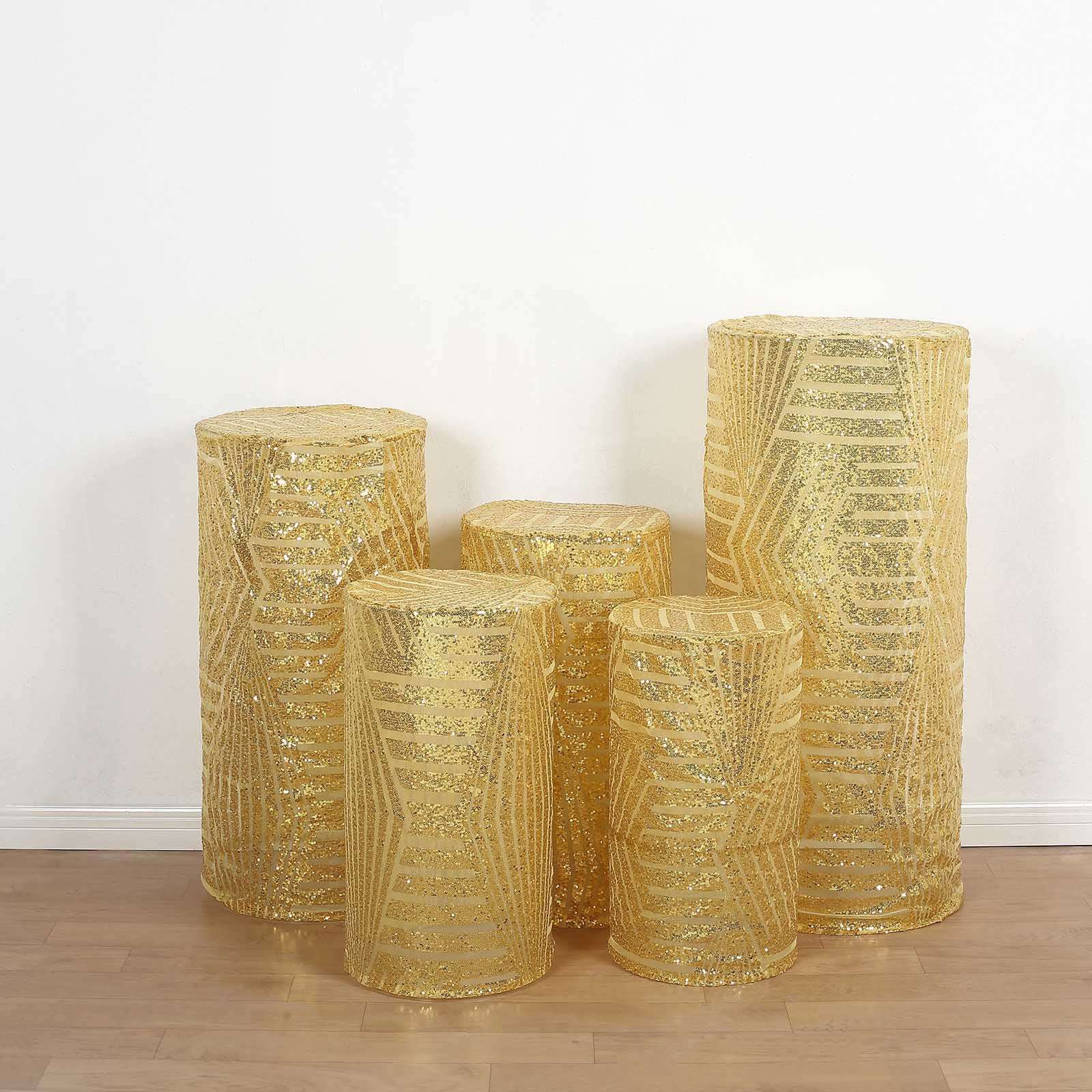 Sparkling Gold Sequin Mesh Geometric Pattern Cylinder Pedestal Stand Covers - Set of 5