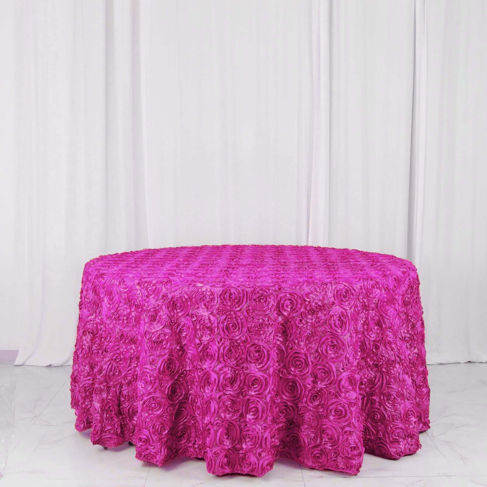 Fuchsia Satin 120 - Inch Round Tablecloth with Stunning 3D Rosette and Seamless Finish