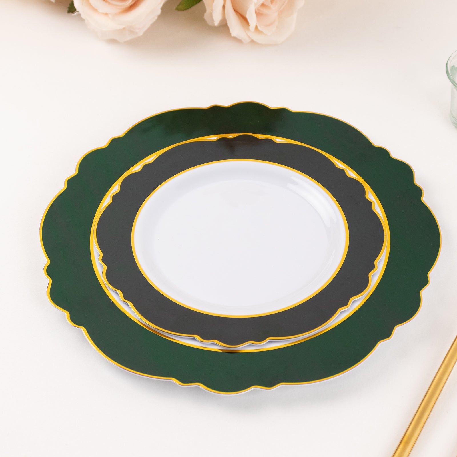 10-Pack Disposable White Plastic Dessert Plates with Hunter Green Blossom & Gold Edging - Ideal for Events
