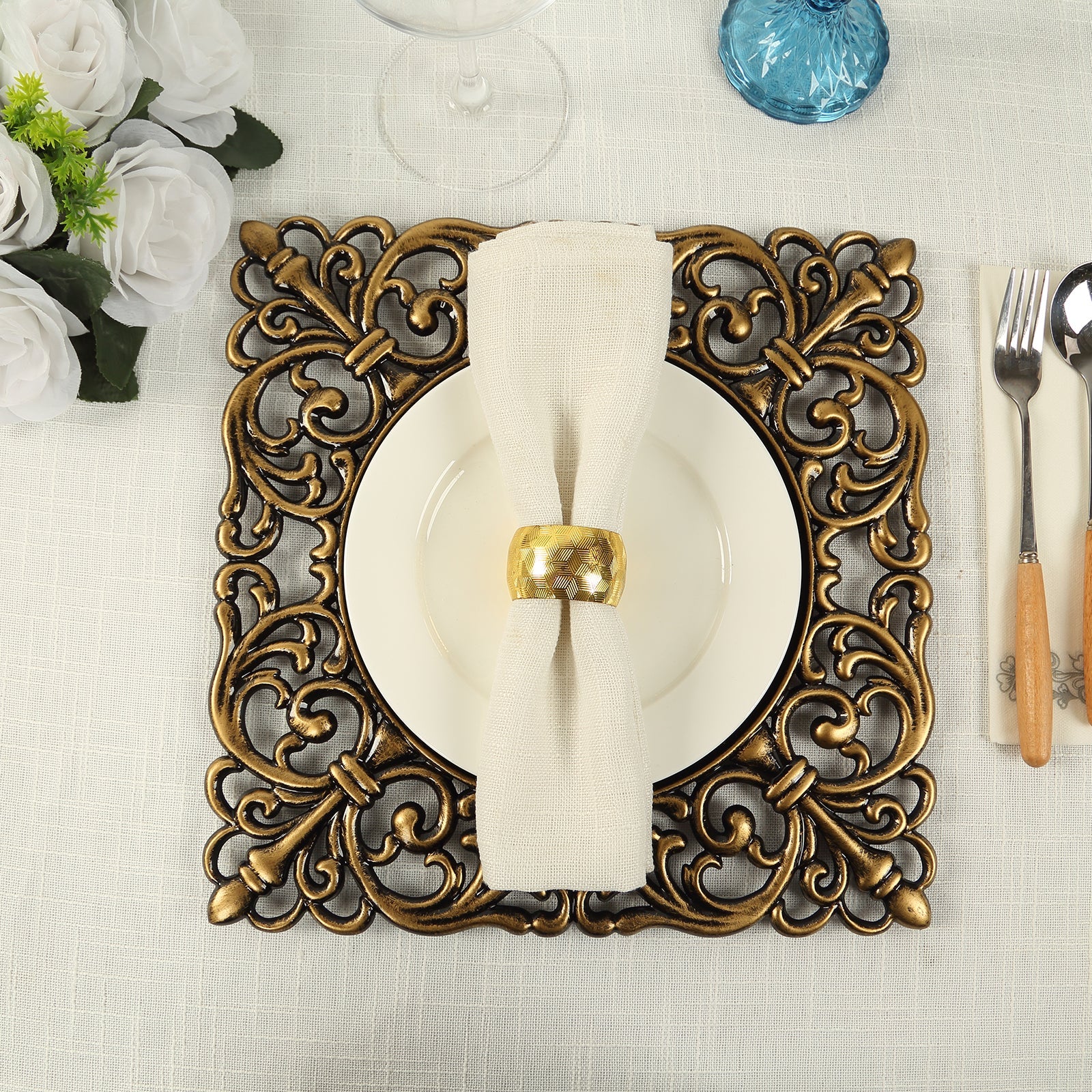 Hot Sale! 6-Pack 12-Inch Black Acrylic Square Charger Plates with Antique Gold Hollow Lace Border for Event Decor