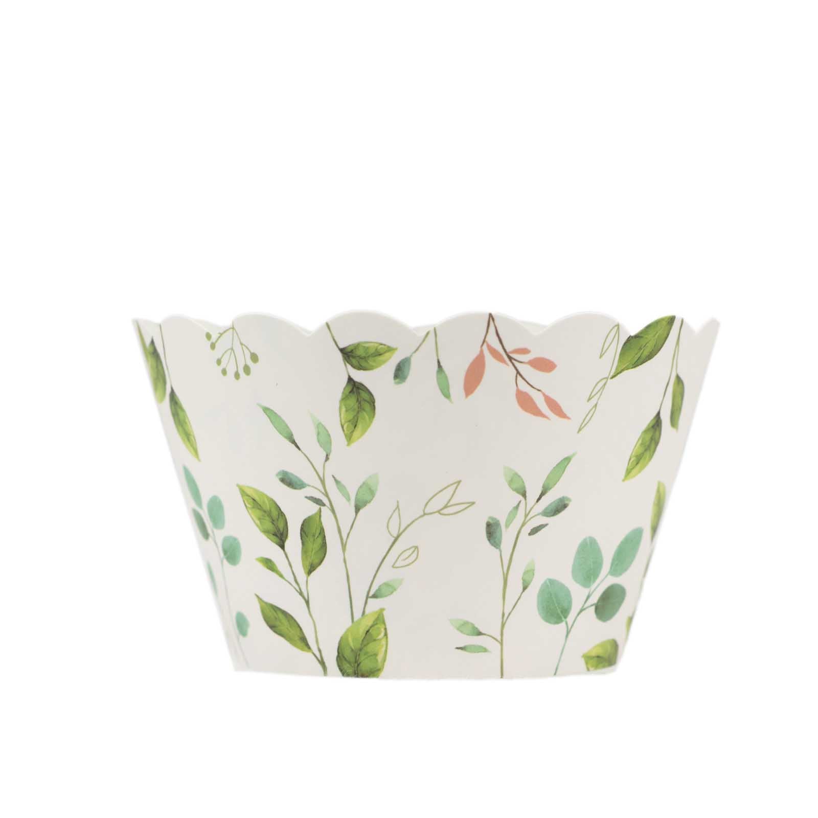 25-Piece Premium Paper Cupcake Wrappers with Eucalyptus Leaves Print in White and Green