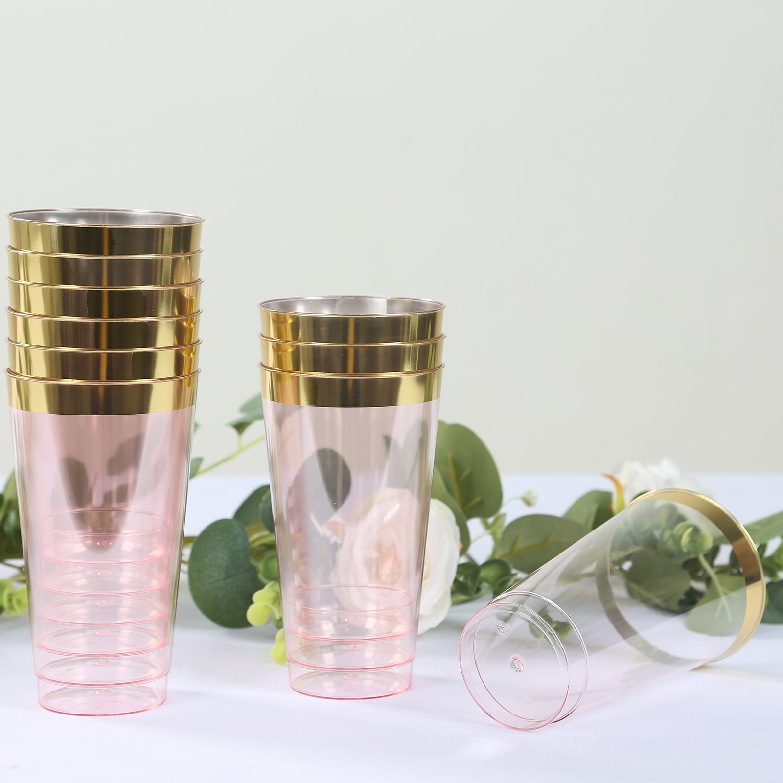 Hot Deal! 12-Pack 17oz Durable Disposable Plastic Party Cups with Transparent Blush and Gold Rim