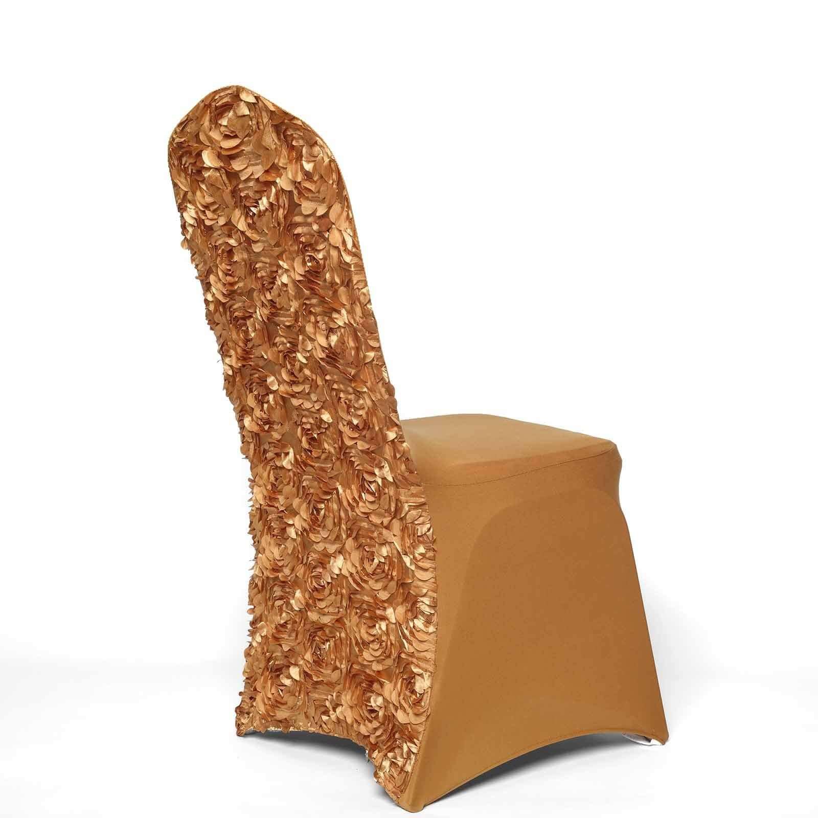 Gold Satin Rosette Stretch Chair Cover - Ideal for Sophisticated Gatherings