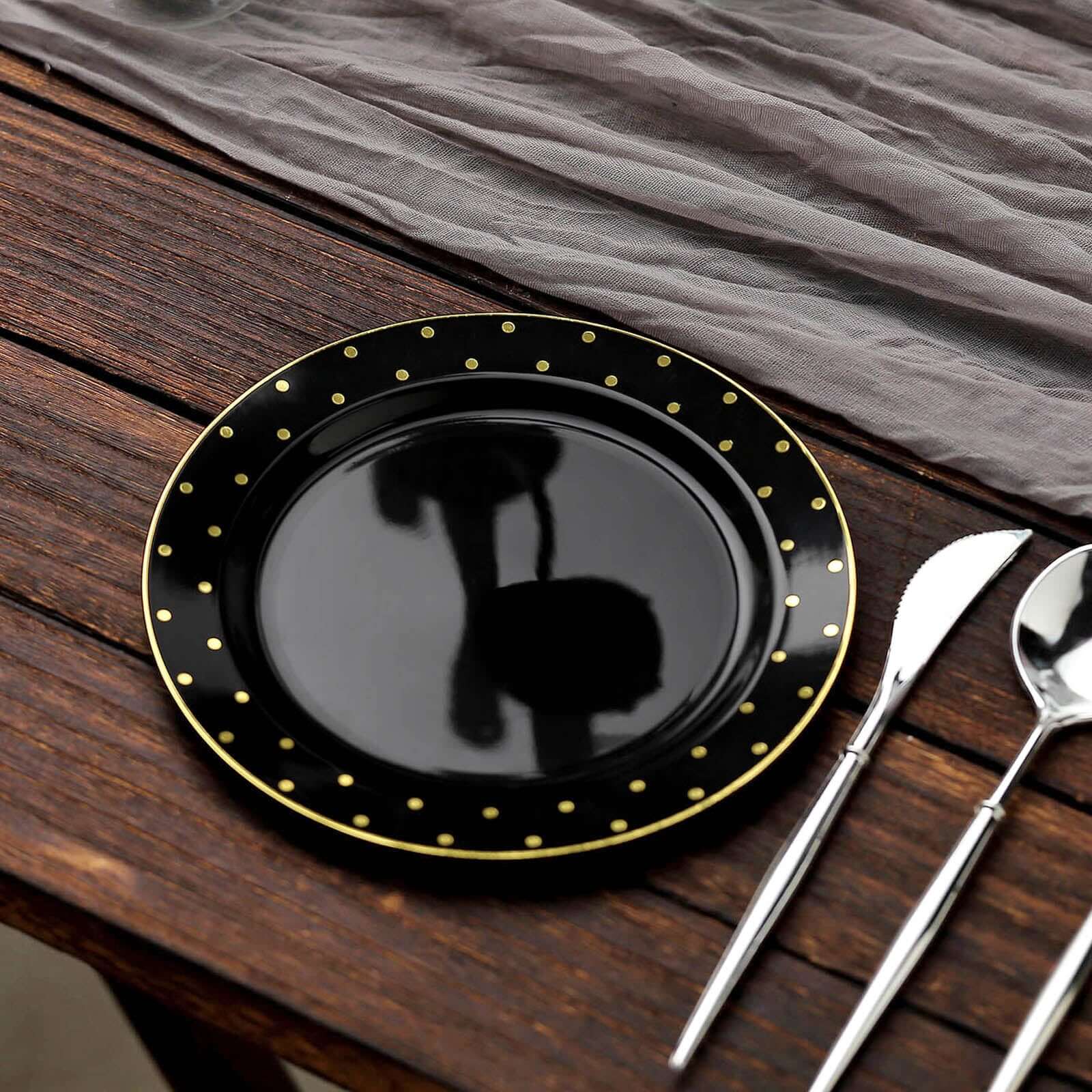 10-Piece Set of 7.5-Inch Black Plastic Dessert Plates with Gold Dot Rim, Disposable Salad Plates