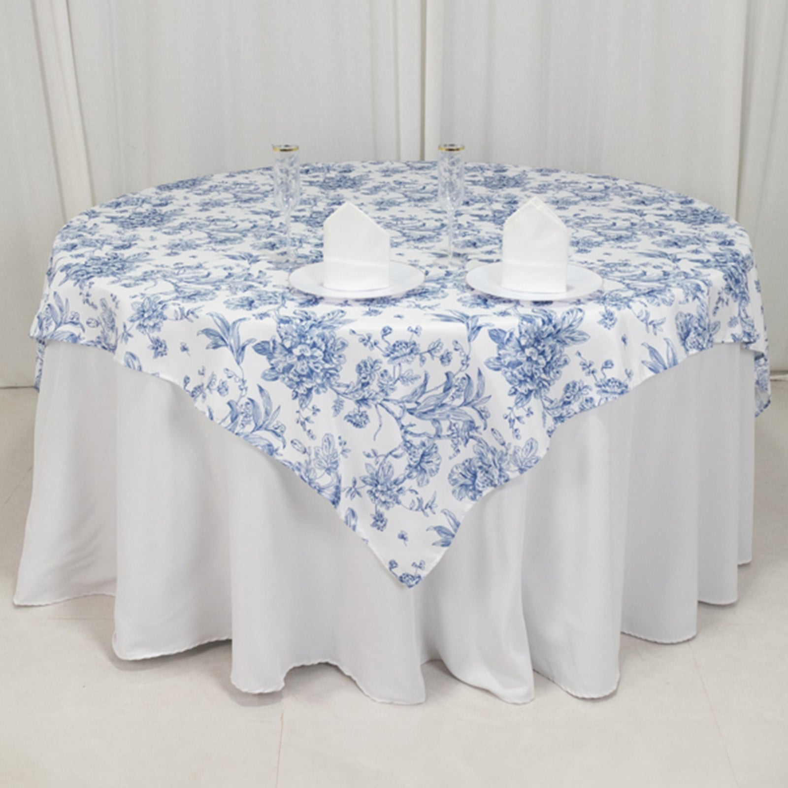 Stylish 70x70 Polyester Table Overlay in White - Blue French Toile Pattern for Events