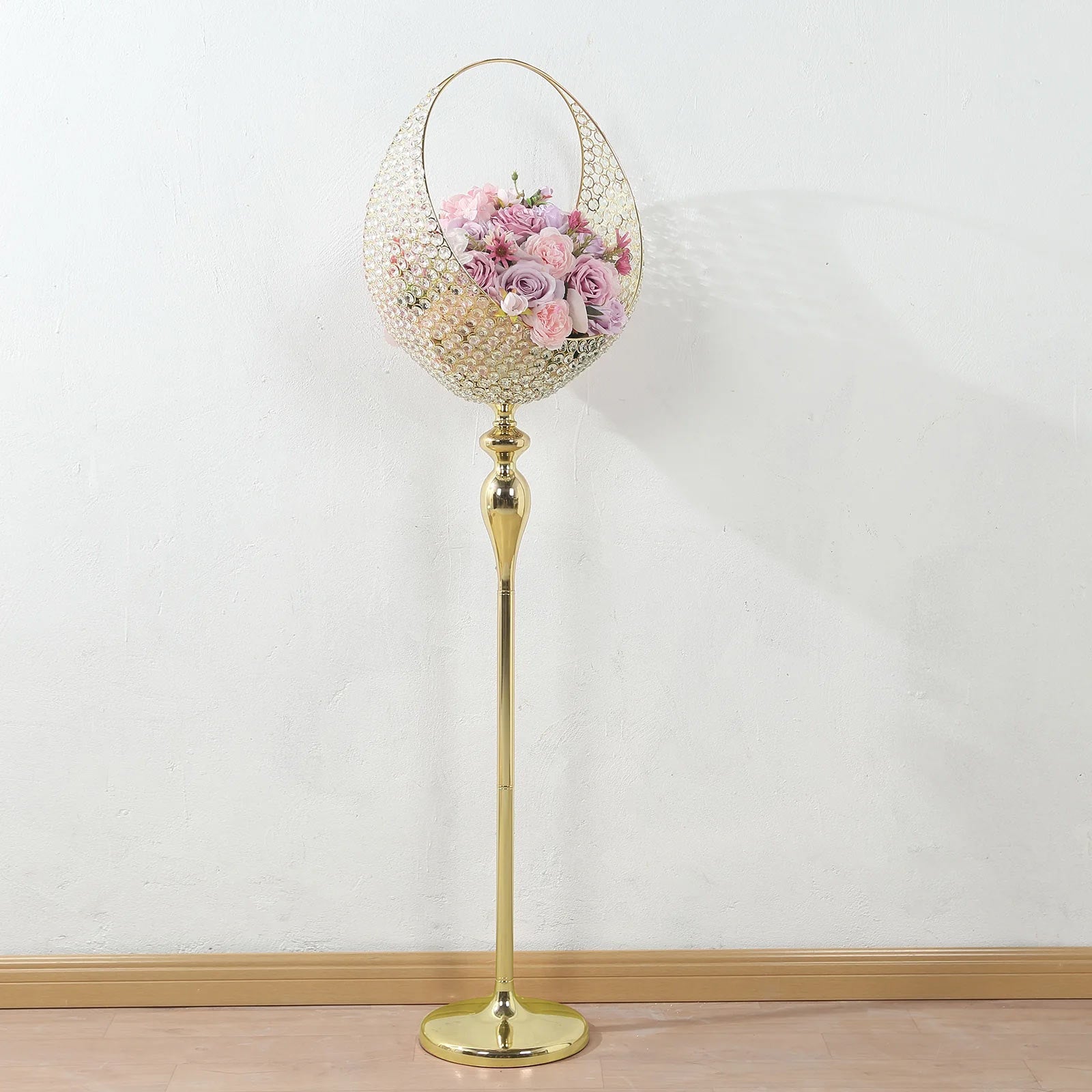 Promo! 4.5ft Tall Gold Metal Crystal Beaded Candle Holder Stand, Half Moon Basket Design for Wedding Centerpiece