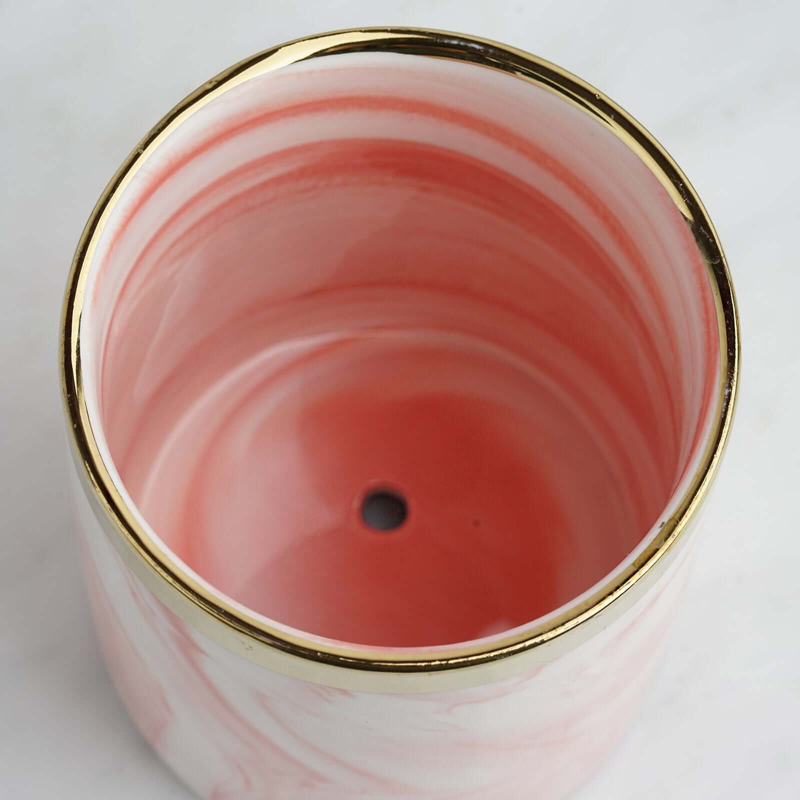 8-Inch Decorative Gold-Rimmed Pink Marble Ceramic Planter with Gold Metal Stand