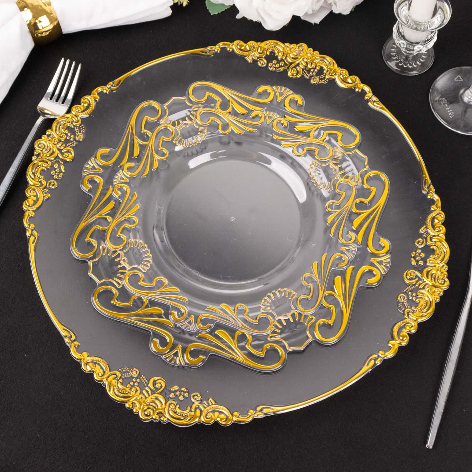 10-Pack Clear Plastic Round Dinner Plates with Gold Vintage Baroque Scalloped Rim - Ideal for Parties