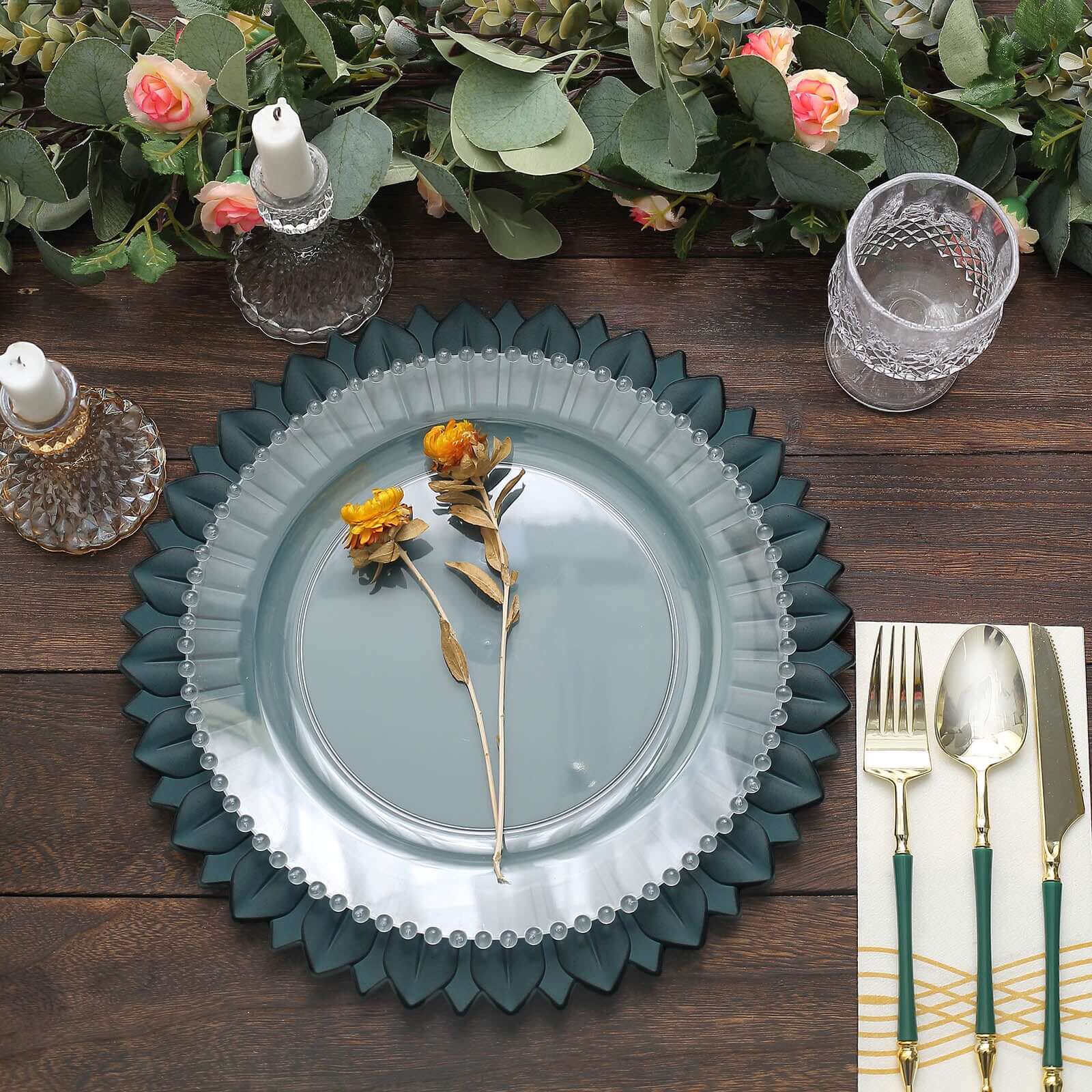 6-Piece Set of 13-Inch Matte Teal Plastic Round Charger Plates with Sunflower Rim