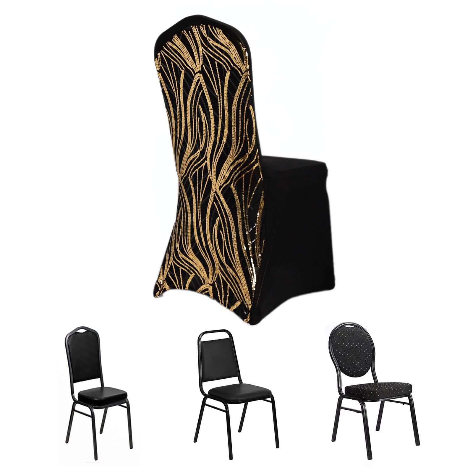 Sparkling Black/Gold Spandex Banquet Chair Cover with Wave Embroidered Sequins - Fitted Stretch Slipcover