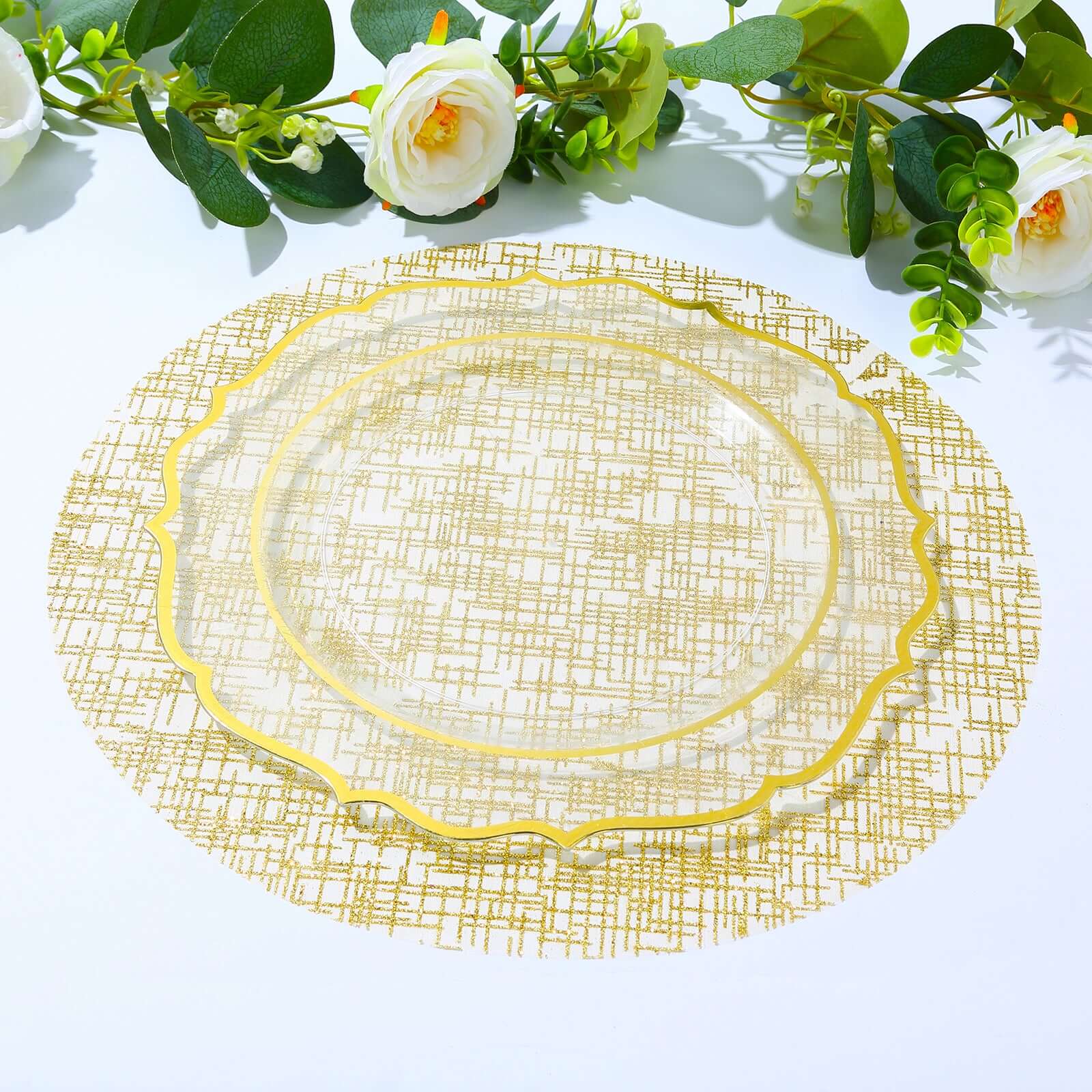 Hot Deal! 10-Pack Disposable Metallic Gold Round Table Placemats with Glitter Mesh Polyester Design