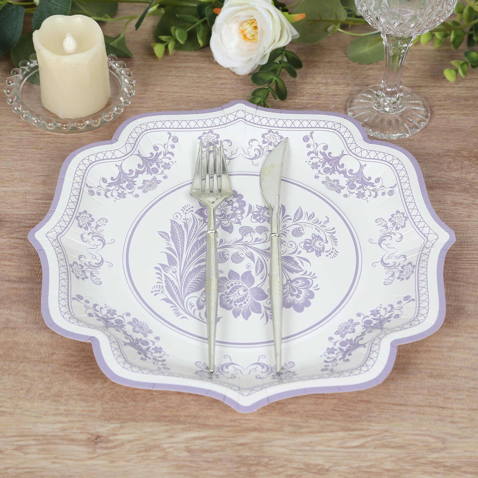 Hot Deal! 25-Pack White & Lavender Lilac Damask Floral Scallop Rim Disposable Paper Dessert Plates (8.5')