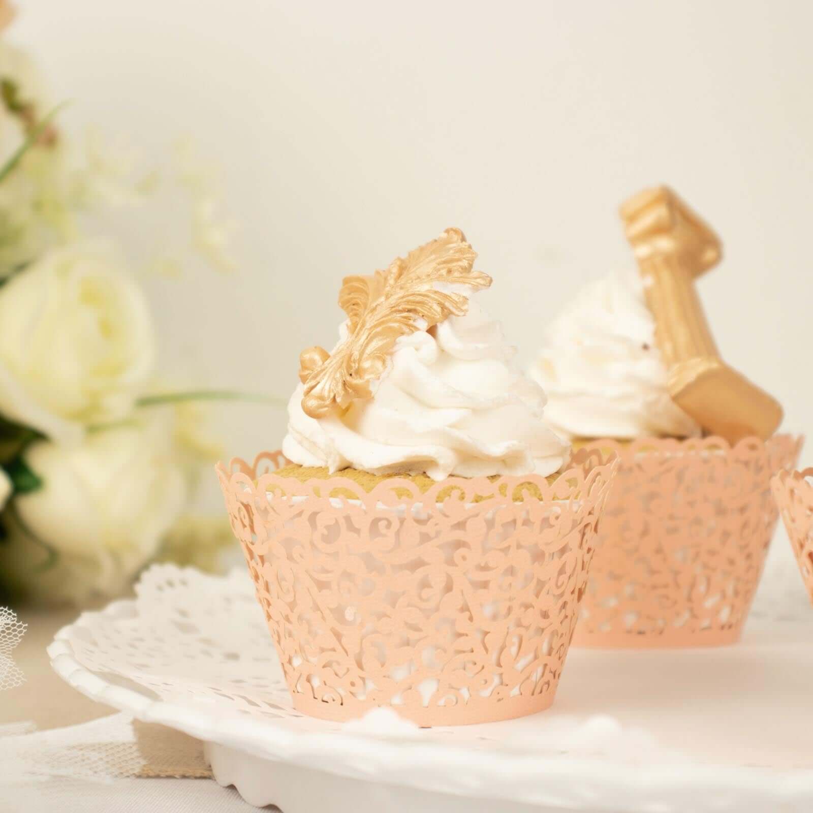 25-Pack Premium Blush Paper Cupcake Wrappers with Lace Laser Cut Design for Party Baking
