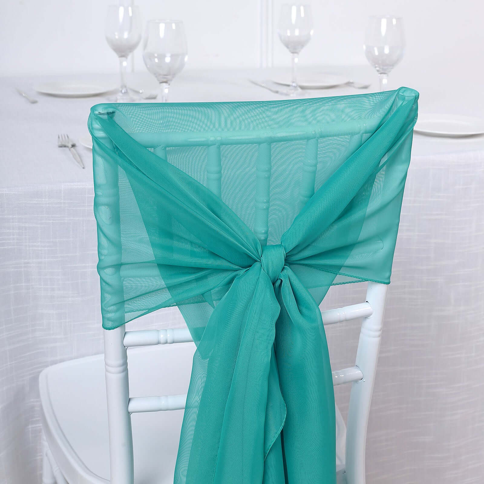 5-Piece Set of Turquoise Premium Chiffon Chair Sashes - Soft, Lightweight Designer Bows 22x78