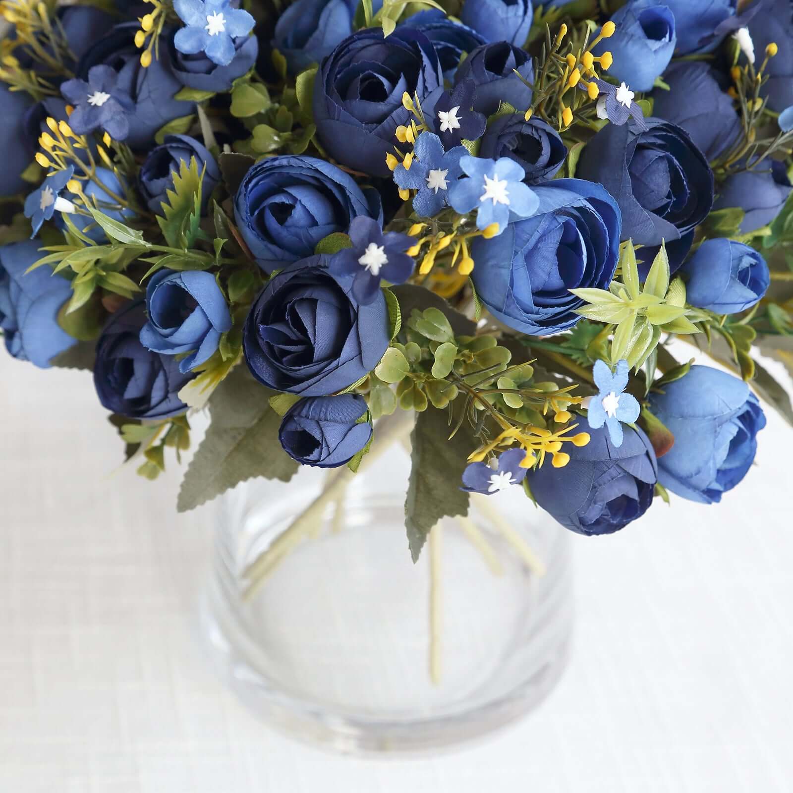 4-Pack Navy Blue Artificial Ranunculus Silk Flower Bouquets for Bridal and Decor