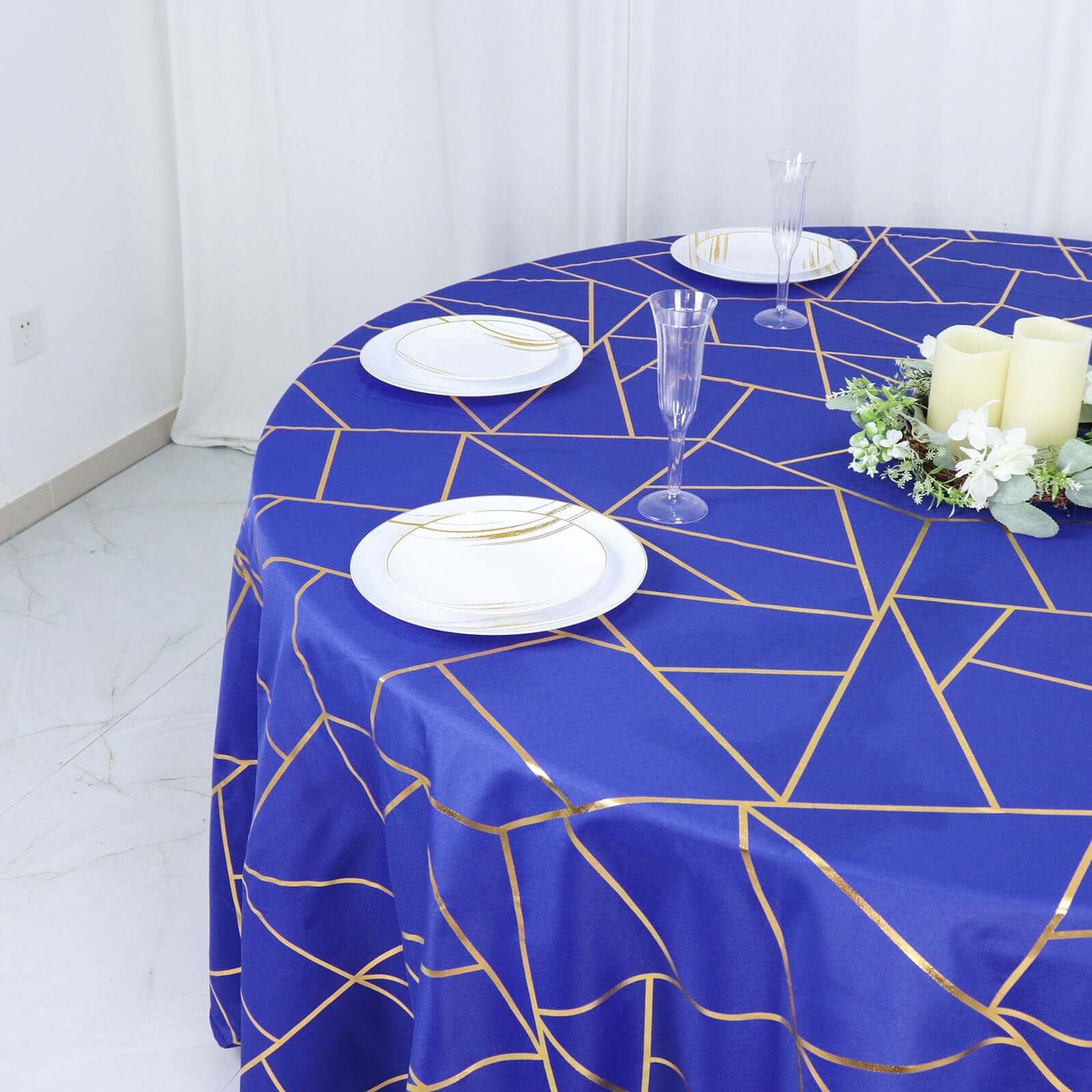 Wrinkle-Resistant Seamless Royal Blue Polyester Round Tablecloth with Gold Foil Geometric Design, 120' Dia.