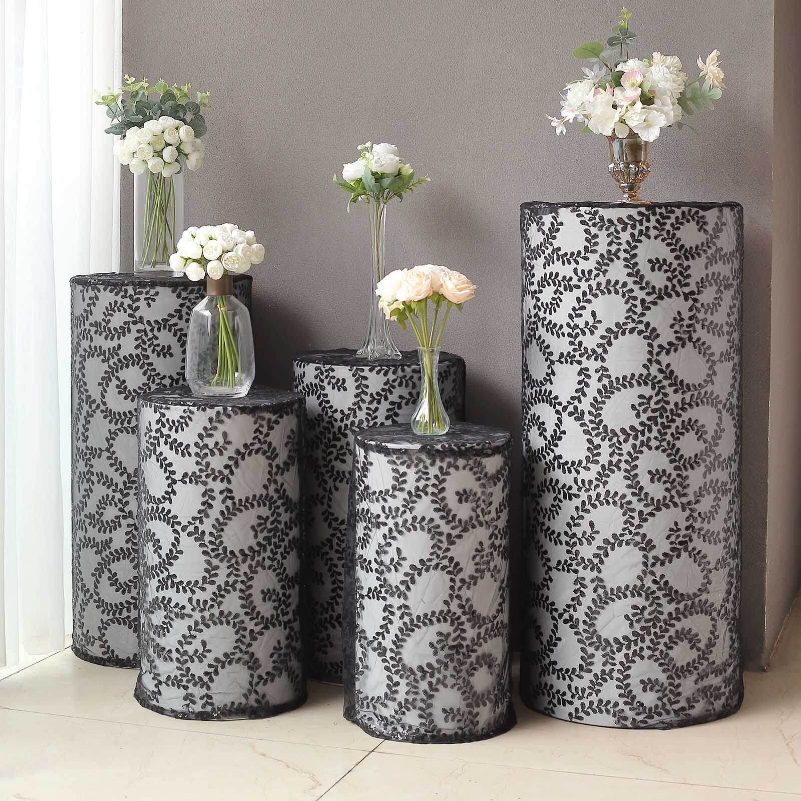 Set of 5 Sparkling Black Sequin Mesh Cylinder Pedestal Covers with Leaf Vine Design