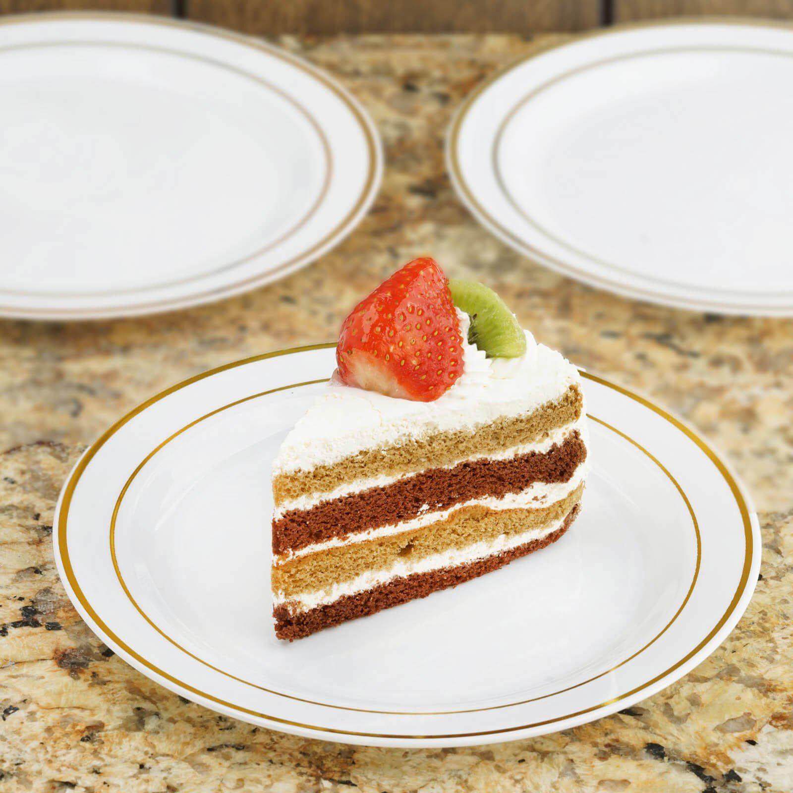 Hot Deal! 10-Pack 8" Disposable White Plastic Dessert Plates with Gold Rim for Parties