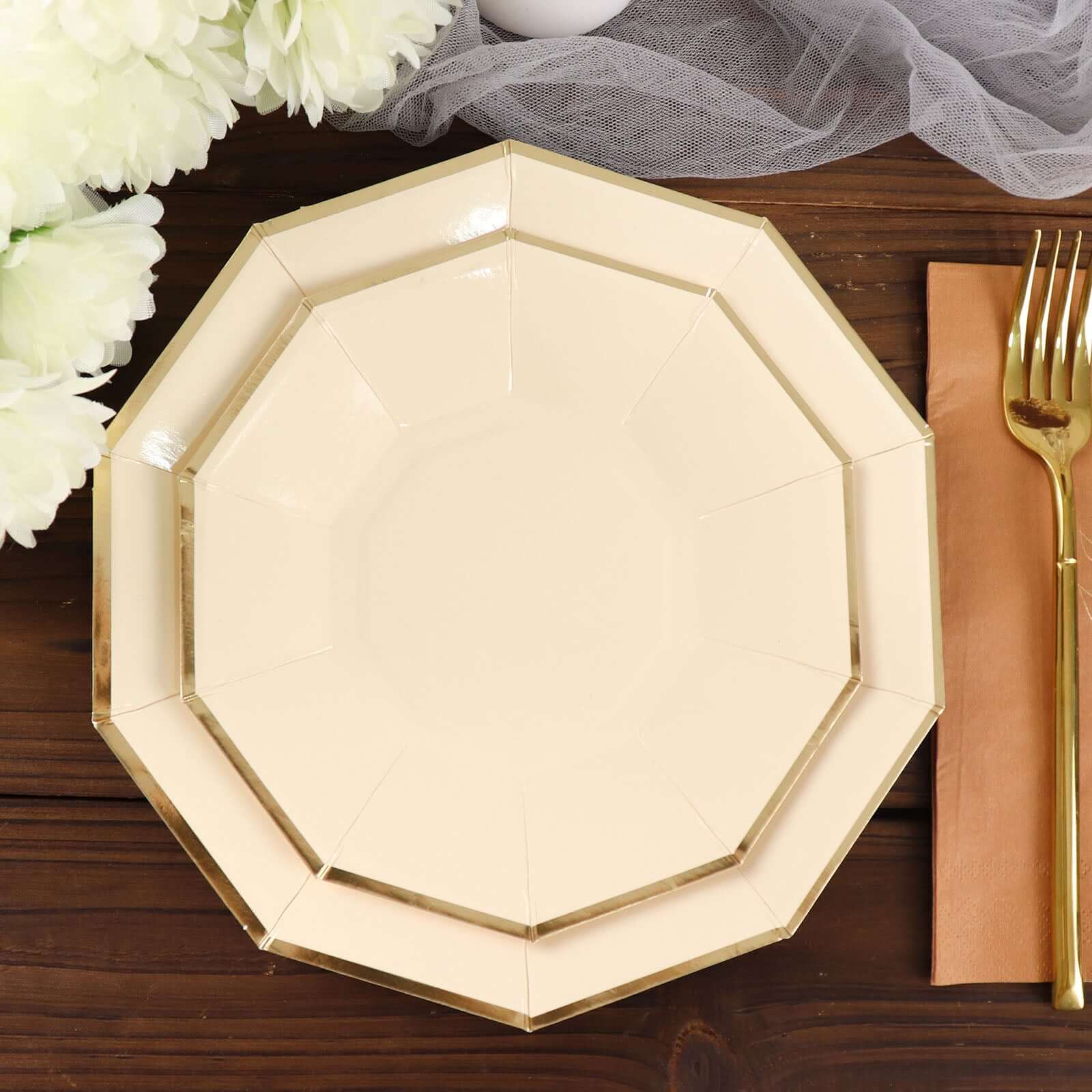 Get 25-Pack of 7-Inch Beige Paper Appetizer Plates with Stylish Gold Foil Rim