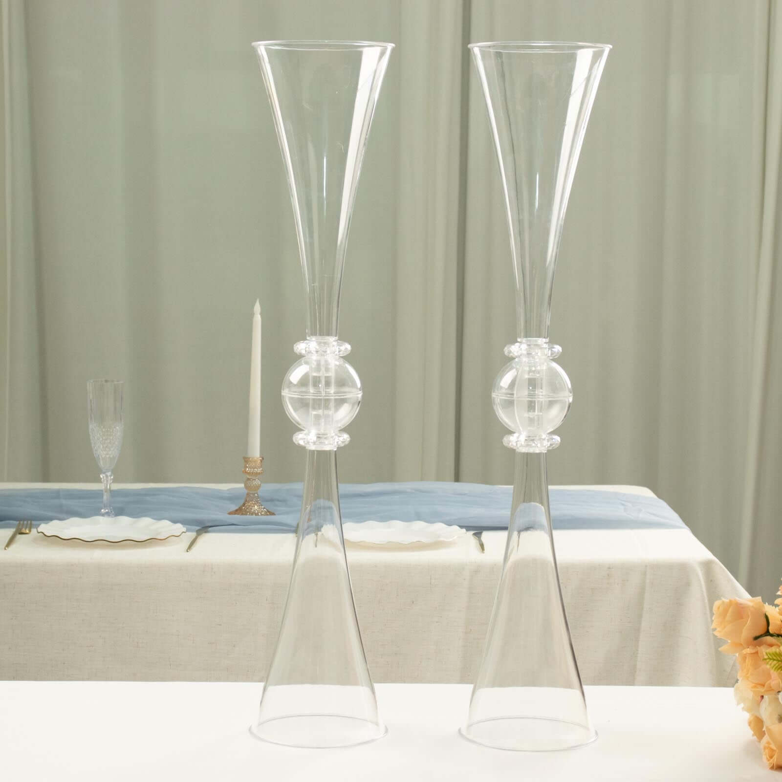 2-Pack Clear Reversible Plastic Trumpet Flower Vases with Crystal Embellishments - Ideal for Events!