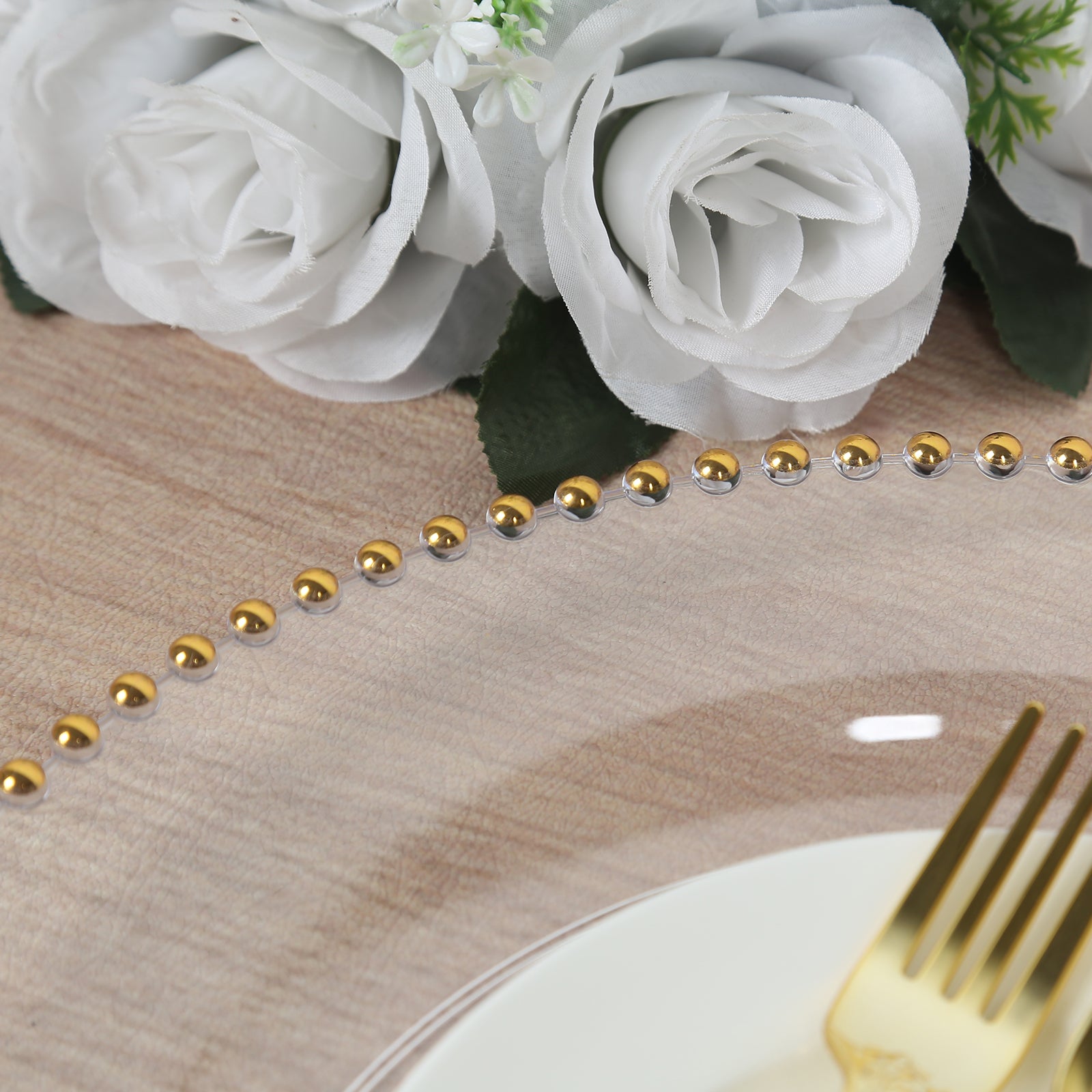 10-Piece Set of Clear 13-Inch Round Plastic Charger Plates with Gold Beaded Rim for Stylish Dinner Parties