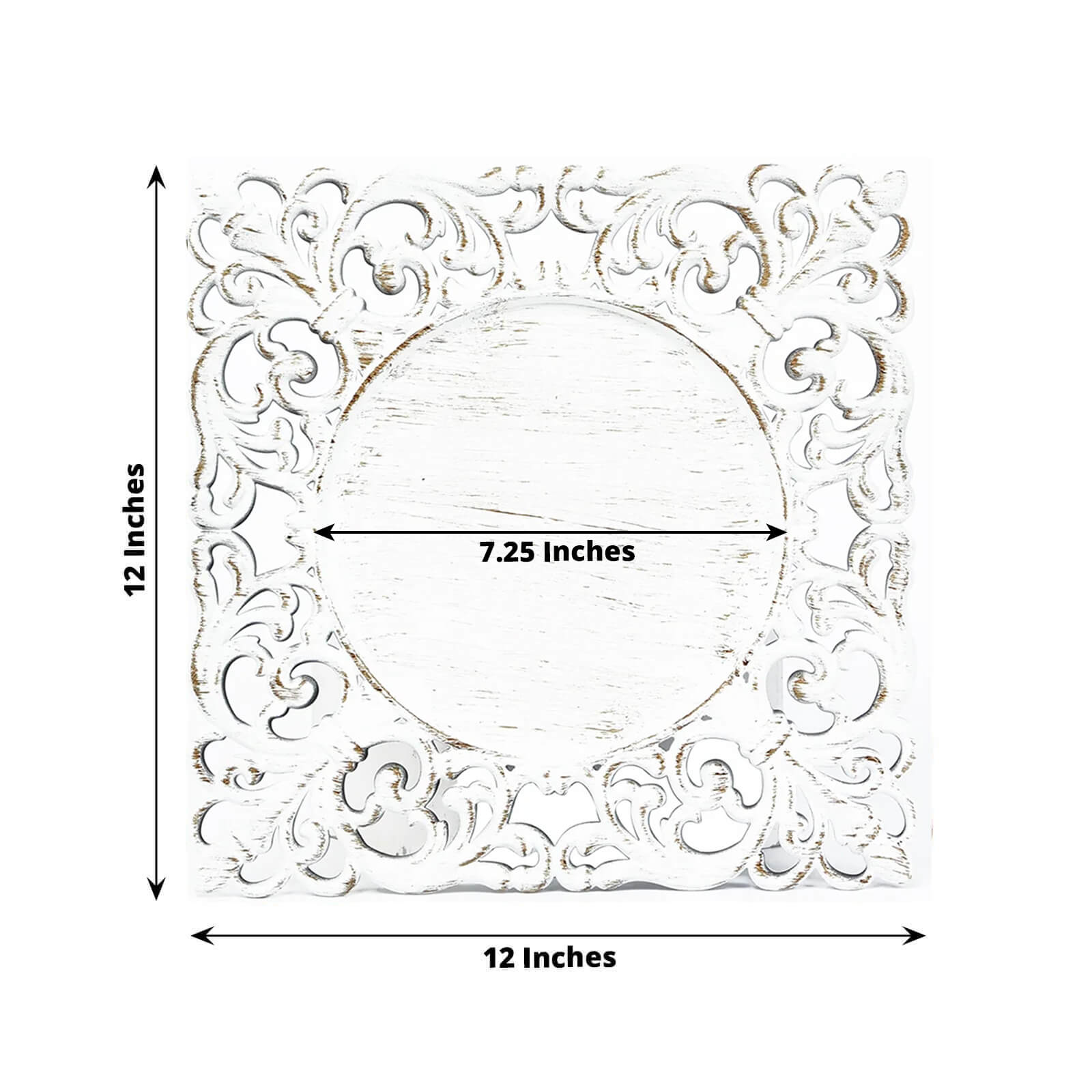 6-Piece Set of Whitewashed Acrylic Square Charger Plates with Hollow Lace Border, 12 Inches, Ideal for Events