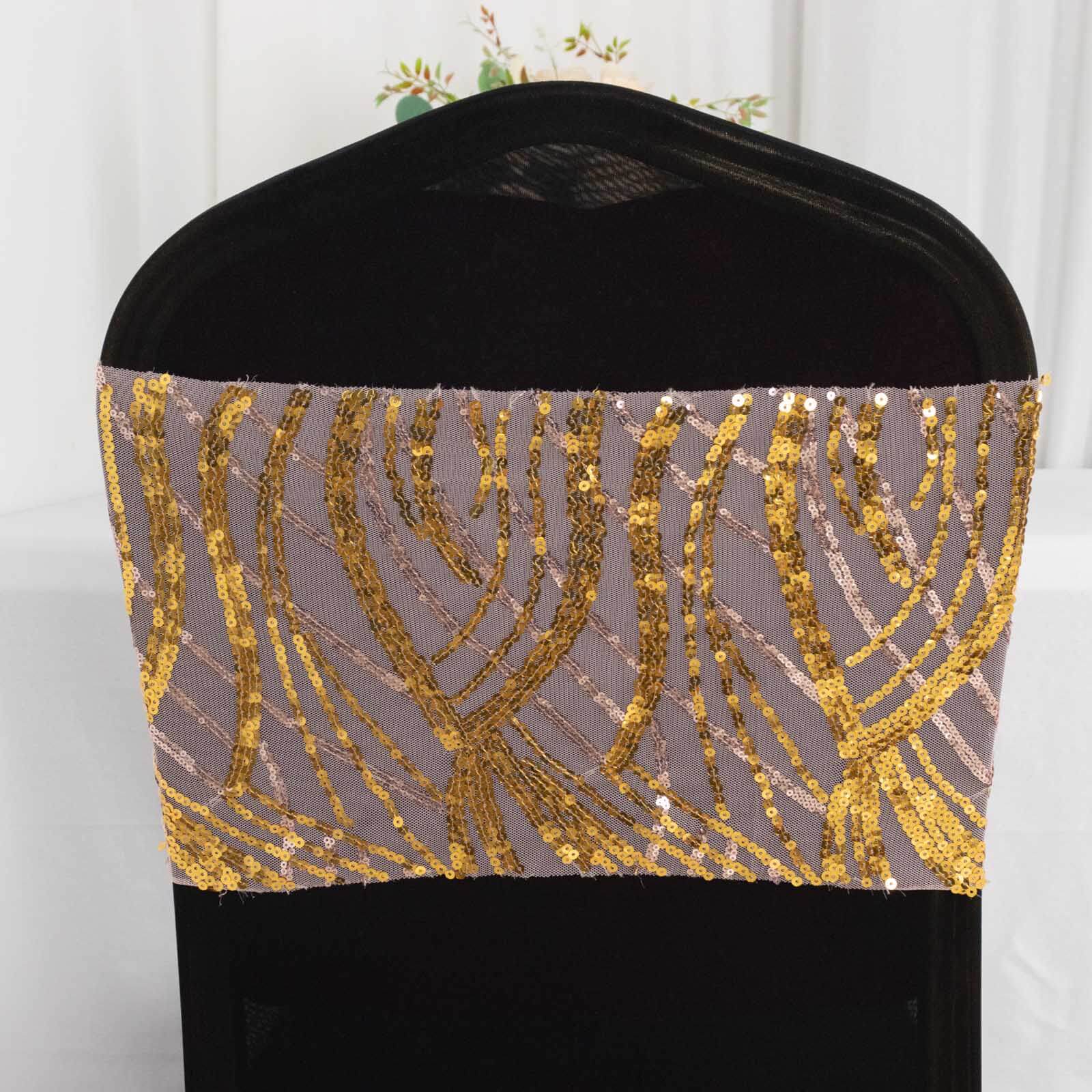 5-Pack Rose Gold/Gold Chair Sash Bands with Wave Embroidered Sequins - Sparkly Deal