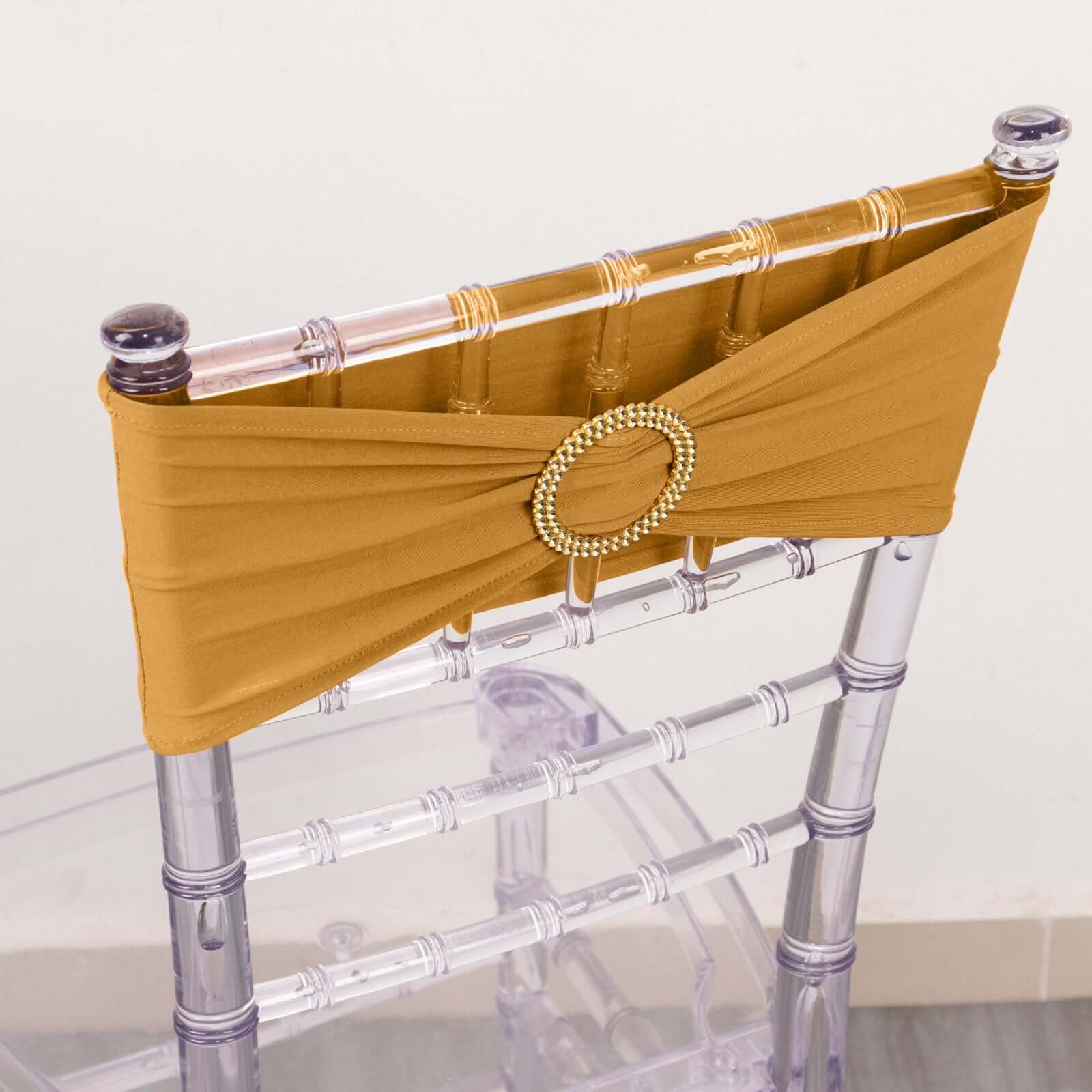5-Piece Gold Spandex Chair Sashes with Sparkling Gold Rhinestone Buckles - Reusable 4-Way Stretch for Elegant Weddings and Parties