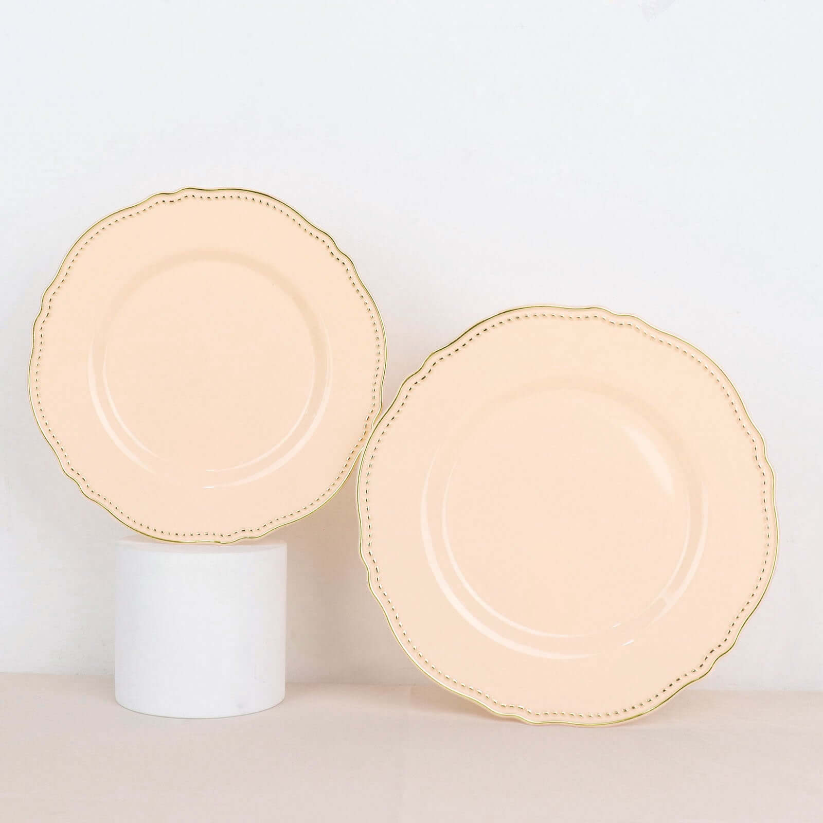 Hot Deal! 10-Pack Disposable Nude Plastic Dinner Plates with Gold Scalloped Rim, 9 Inches