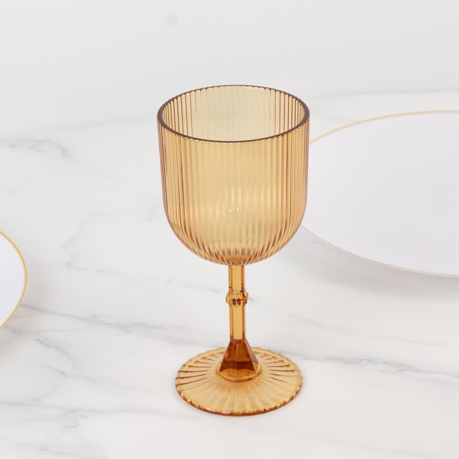 12-Pack Reusable 9oz Amber Gold Vintage Ribbed Plastic Wine Goblets - Shatterproof Glassware